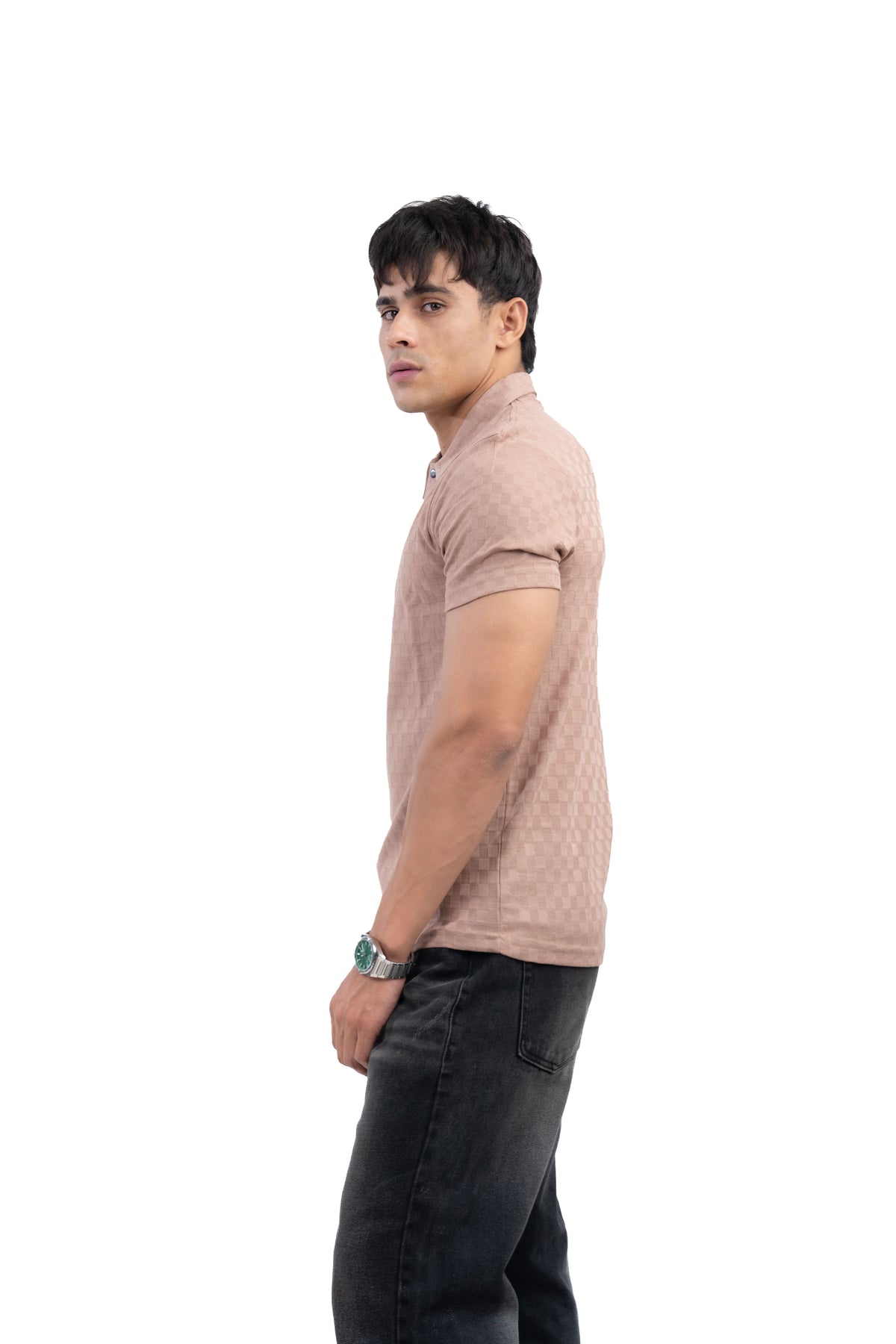Muted Mocha Textured Check Polo T-Shirt