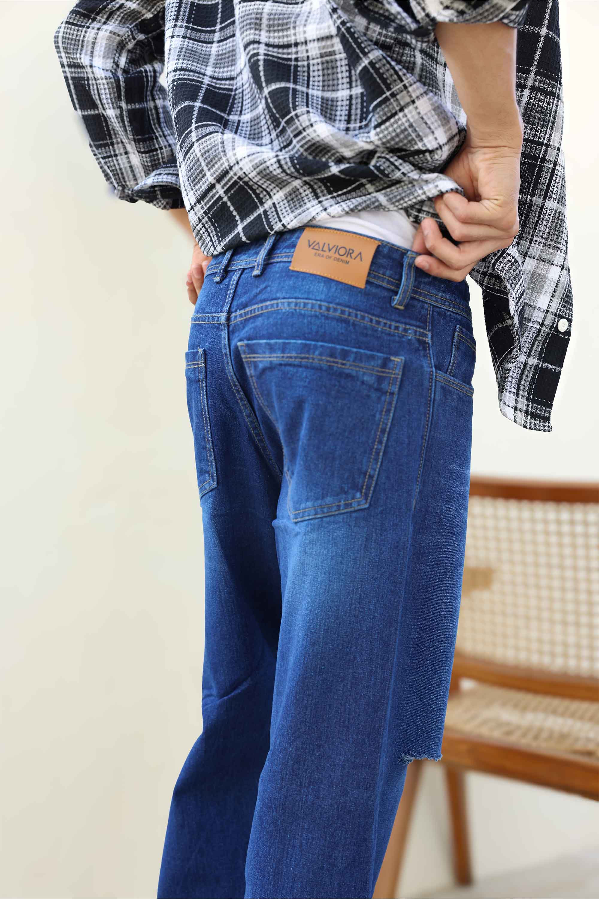 Mid Blue Distressed Men's Straight Fit Jeans