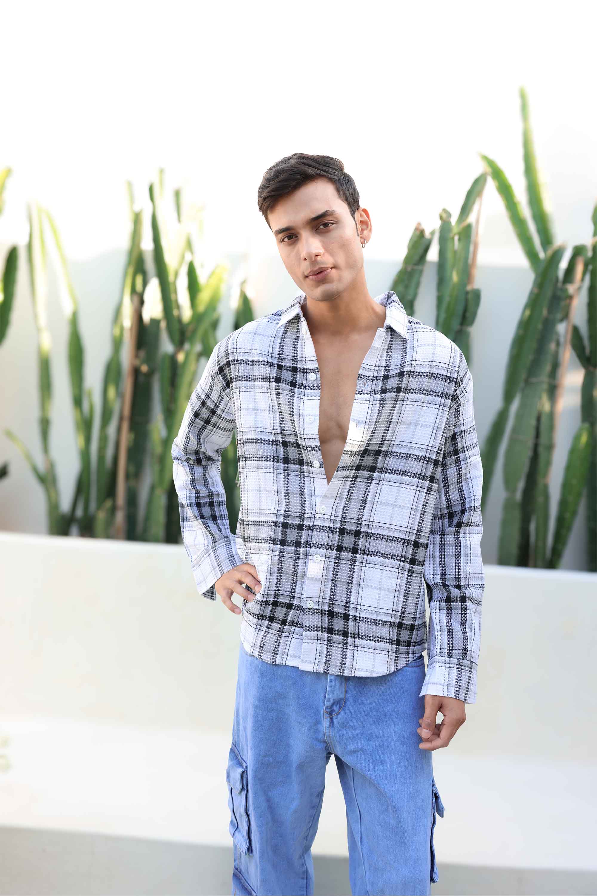 White Waffle Checks Regular Fit Full Sleeves Shirt