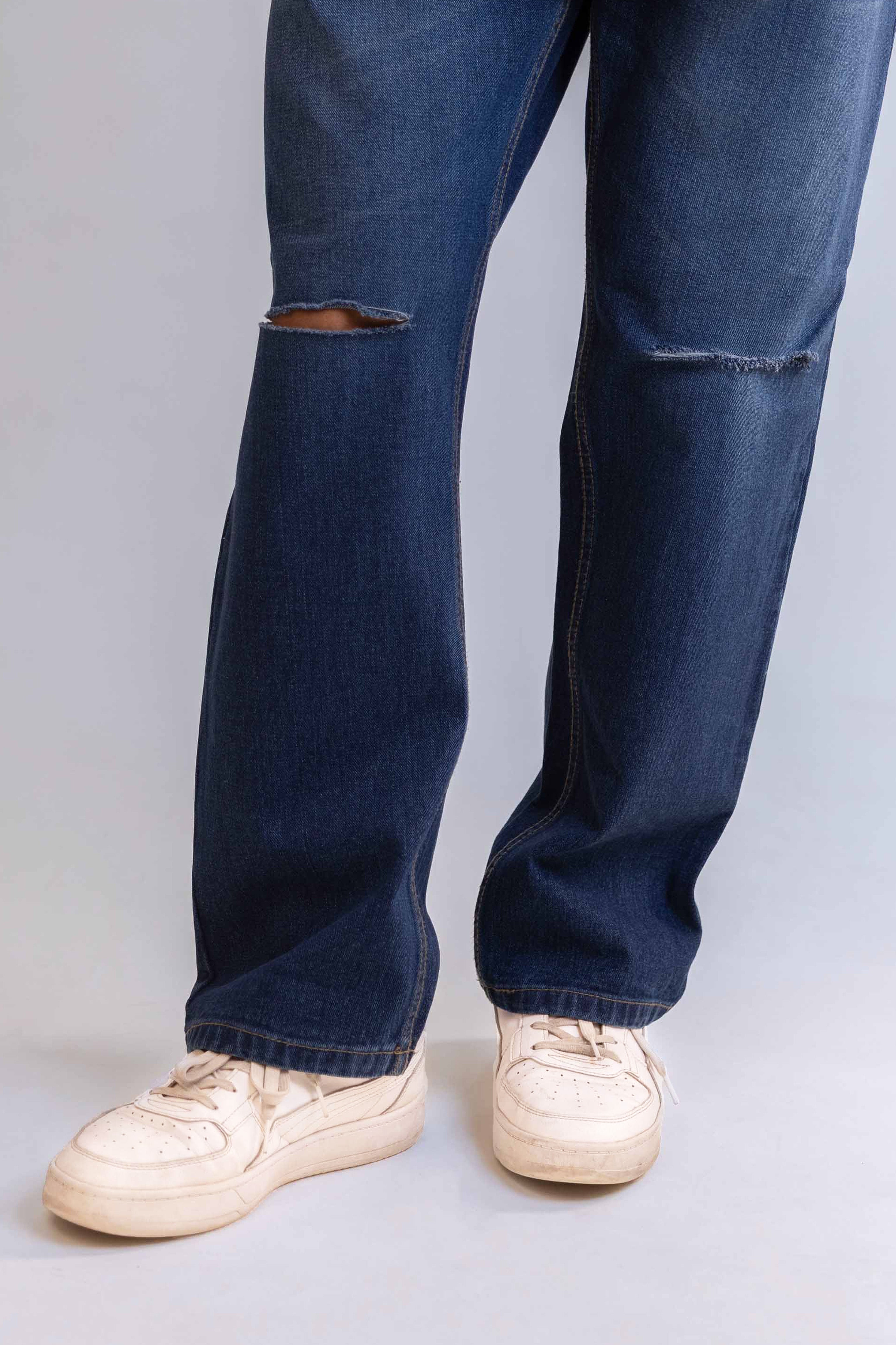 Mid Blue Distressed Men's Straight Fit Jeans