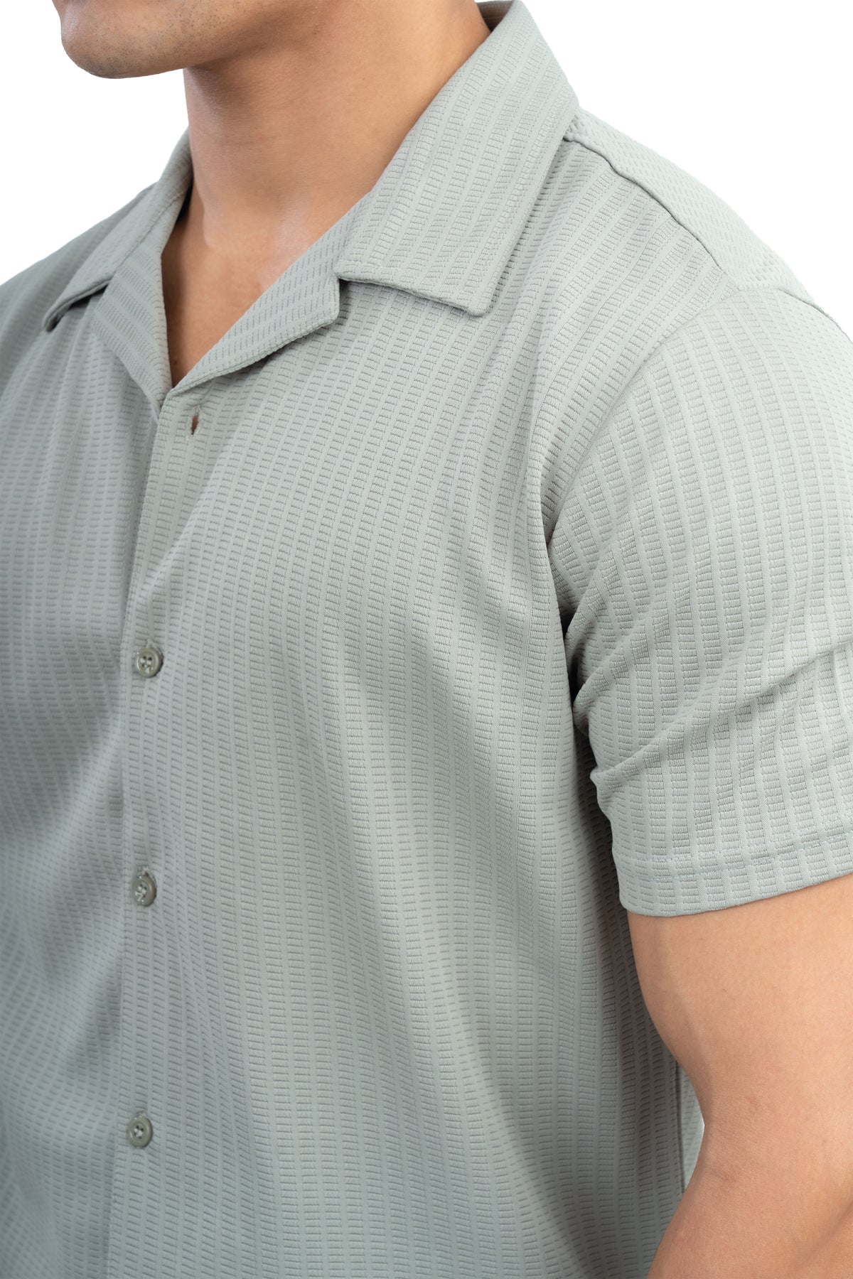 Sage Green Textured Cuban Collar Half Sleeve Shirt