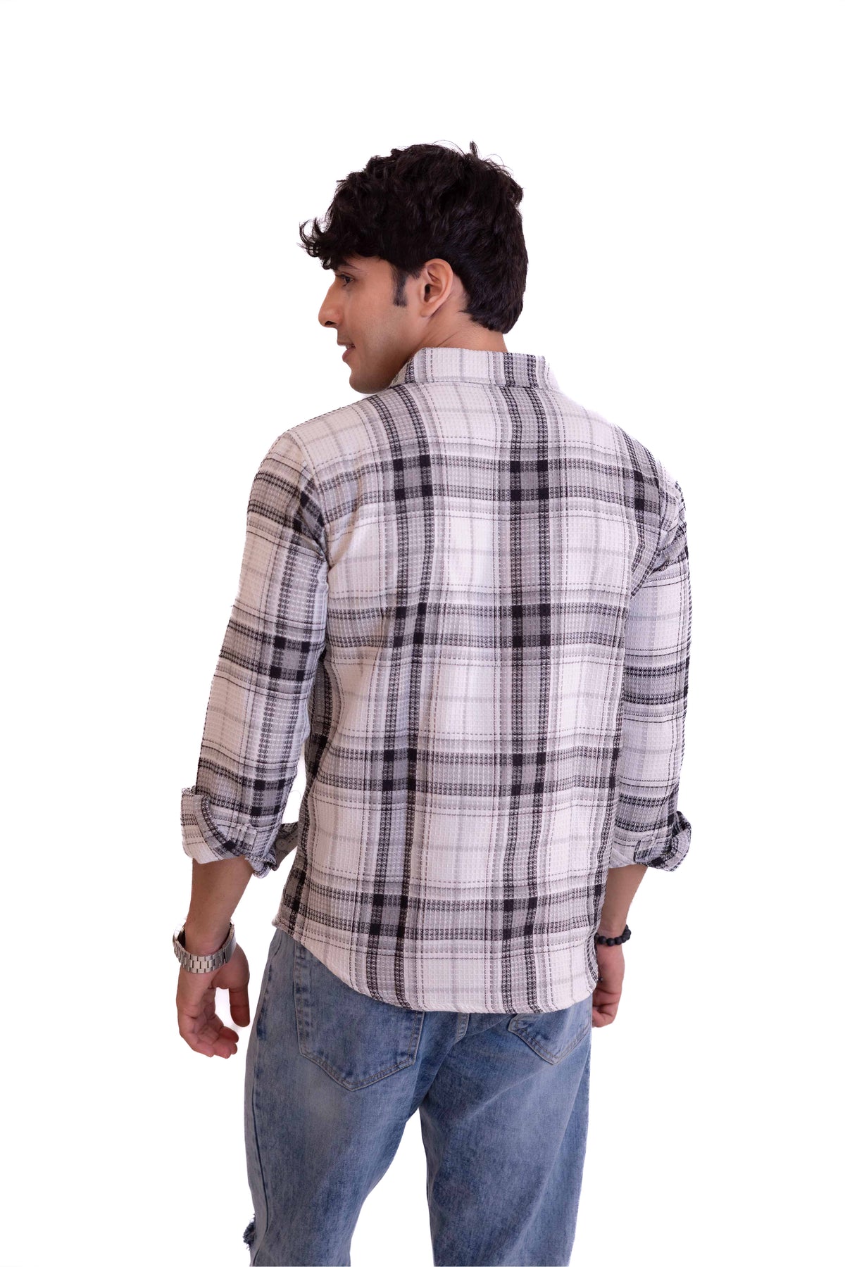 White Waffle Checks Regular Fit Full Sleeves Shirt