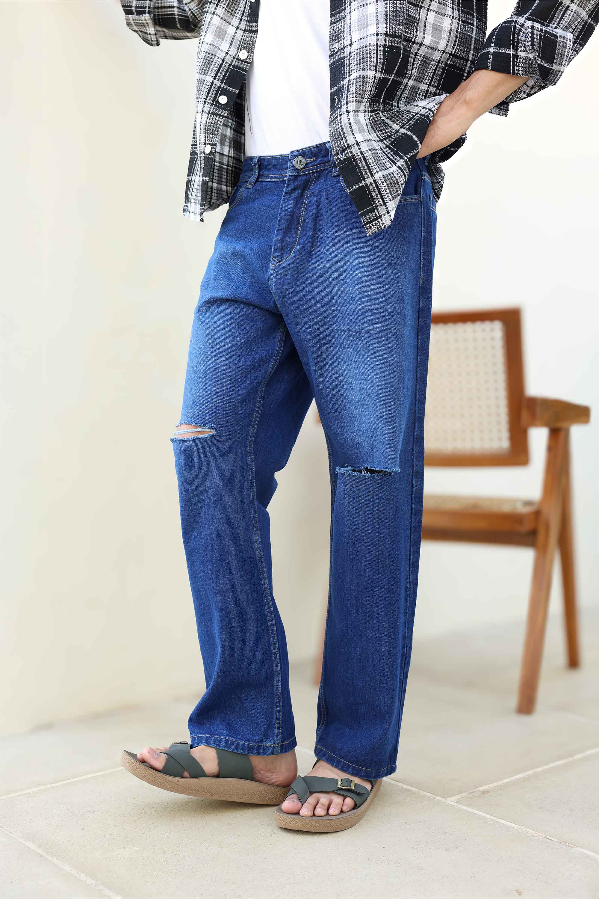 Mid Blue Distressed Men's Straight Fit Jeans