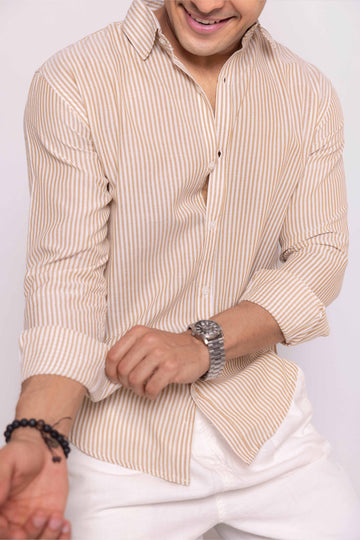 Brown and White Regular fit Striped Full Sleeves Shirt