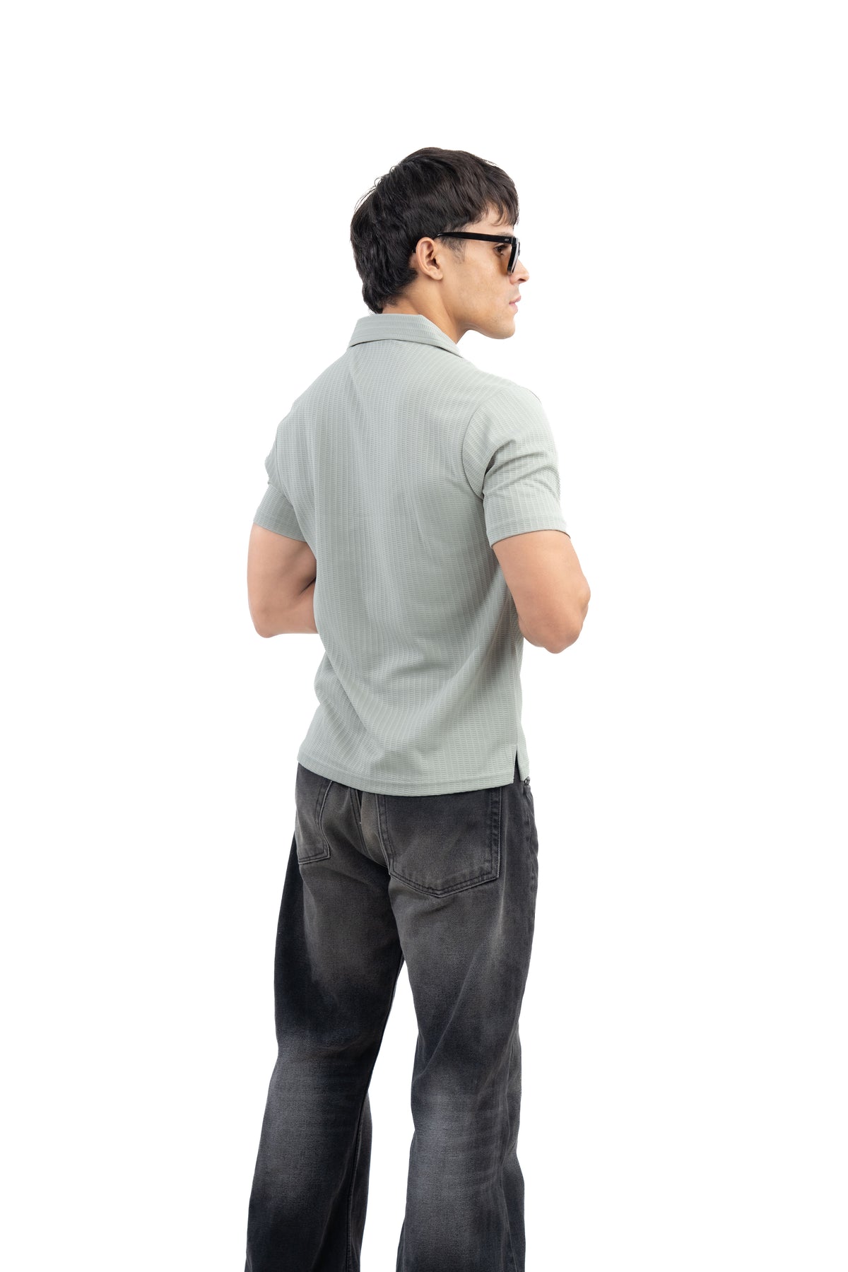 Sage Green Textured Cuban Collar Half Sleeve Shirt