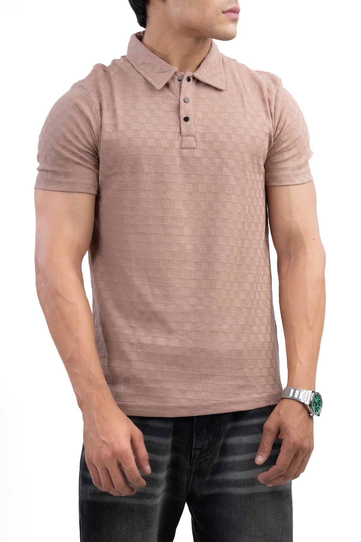Muted Mocha Textured Check Polo T-Shirt