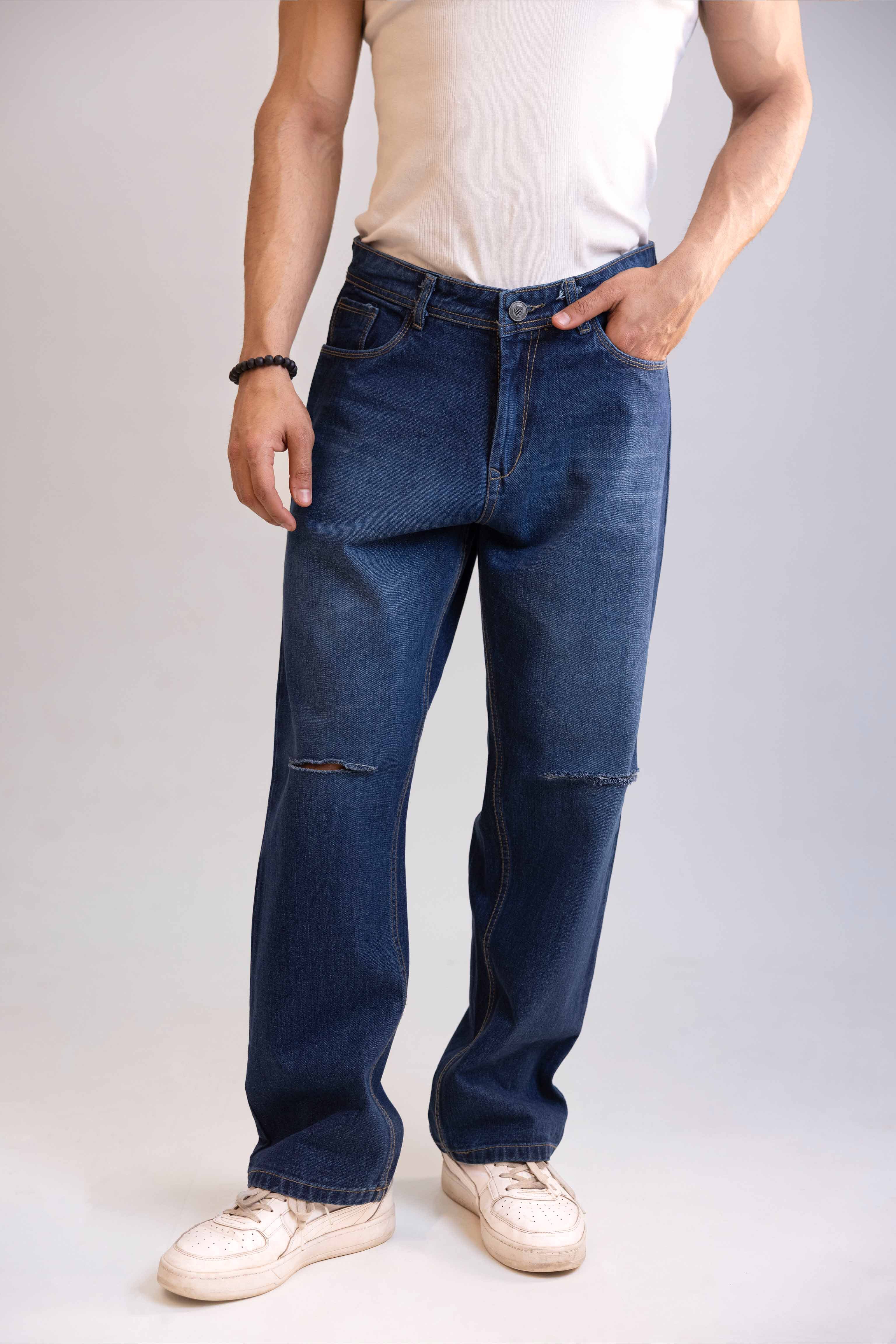 Mid Blue Distressed Men's Straight Fit Jeans