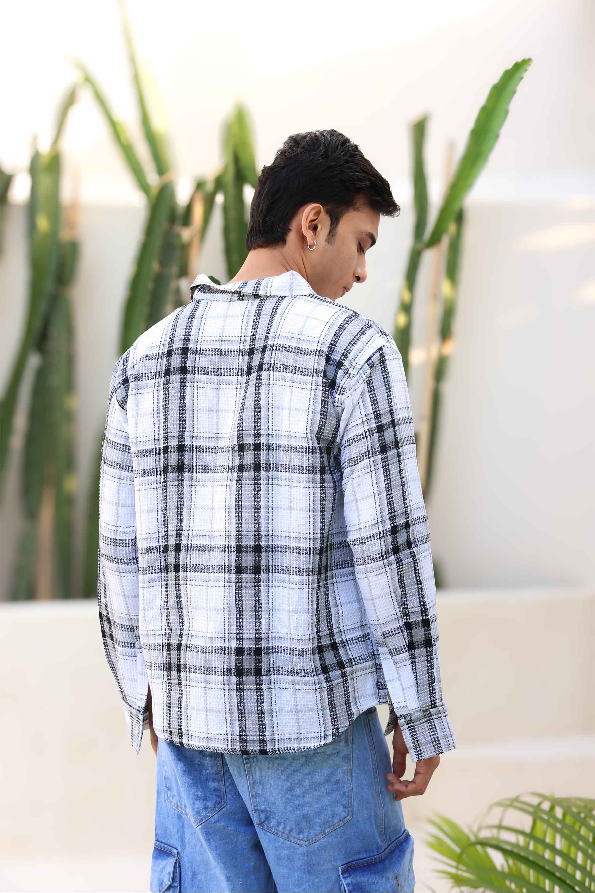 White Waffle Checks Regular Fit Full Sleeves Shirt
