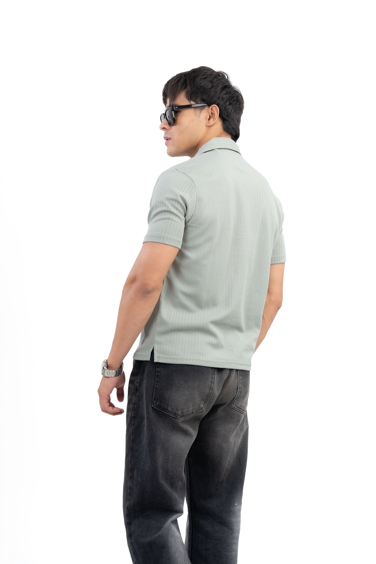 Sage Green Textured Cuban Collar Half Sleeve Shirt