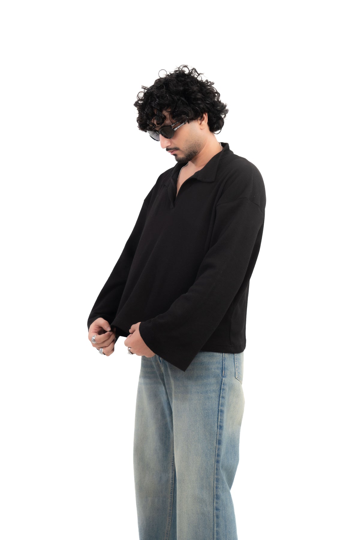 Black Oversized Waffle Polo Tee
