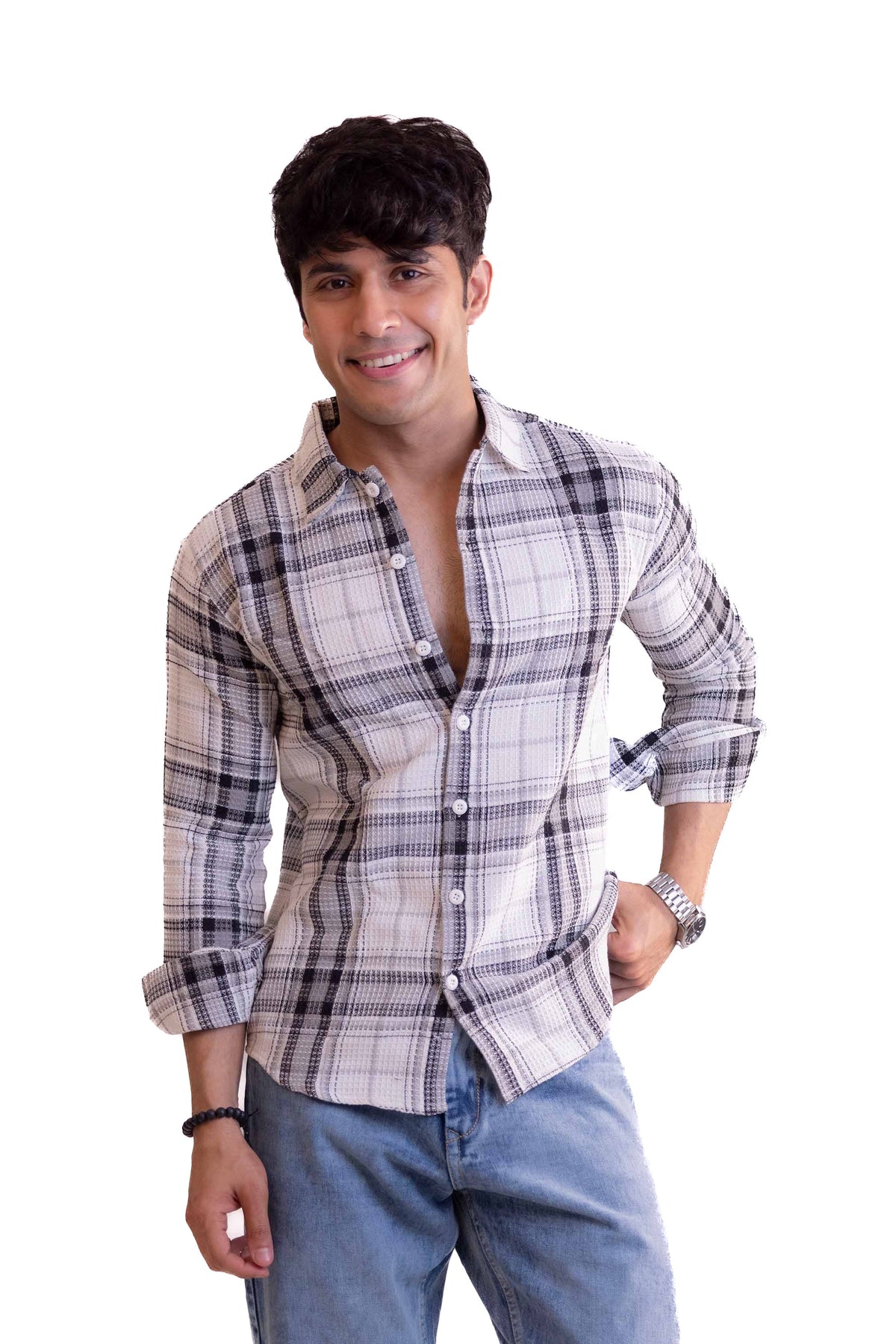 White Waffle Checks Regular Fit Full Sleeves Shirt