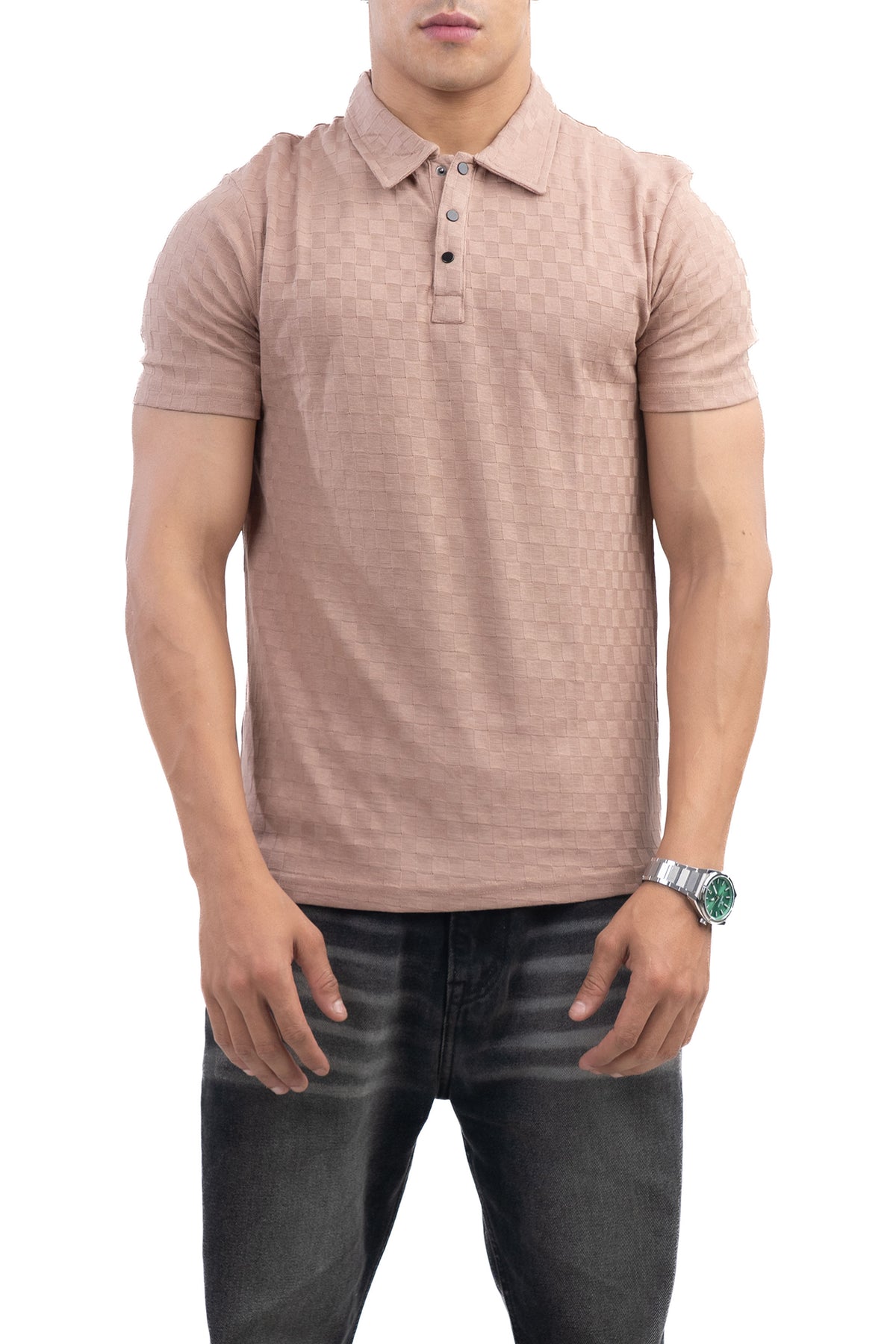 Muted Mocha Textured Check Polo T-Shirt