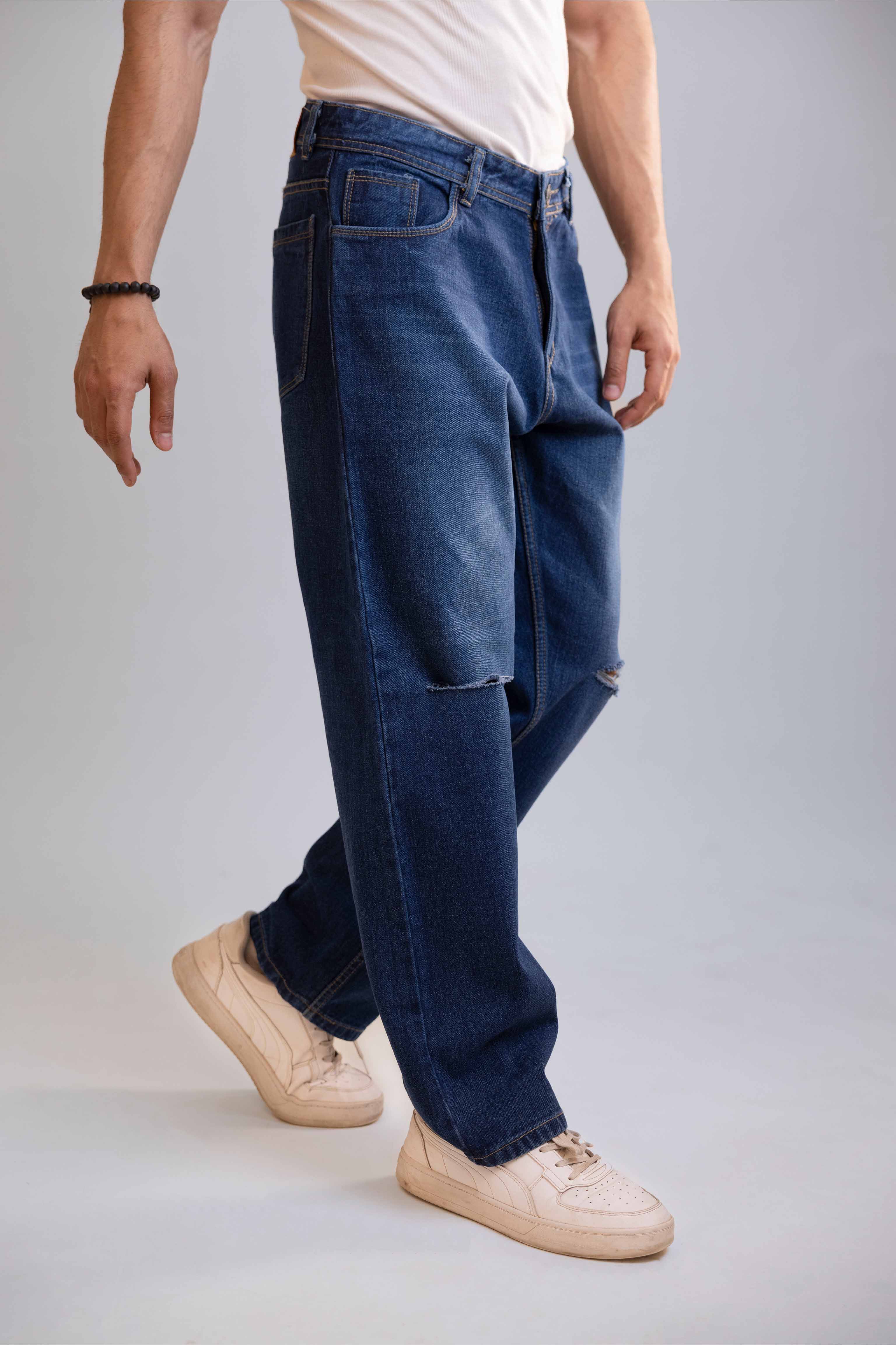 Mid Blue Distressed Men's Straight Fit Jeans
