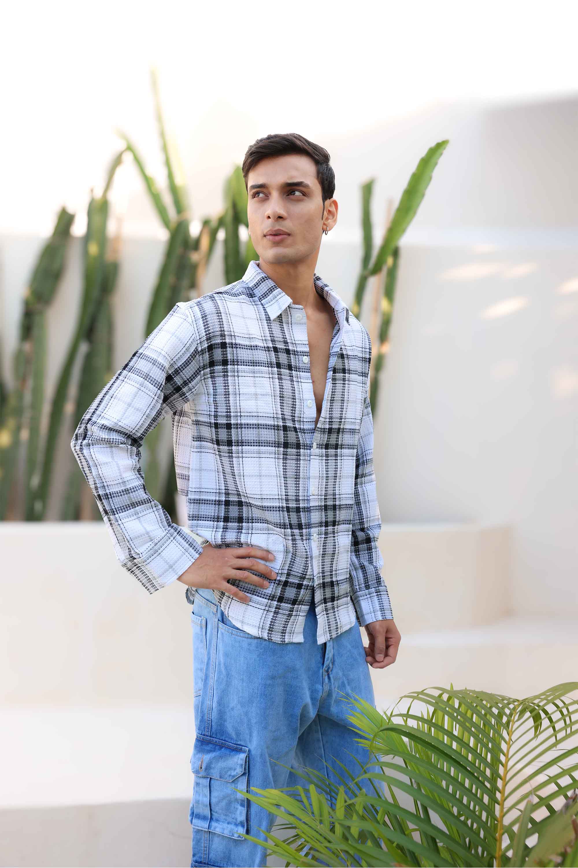 White Waffle Checks Regular Fit Full Sleeves Shirt