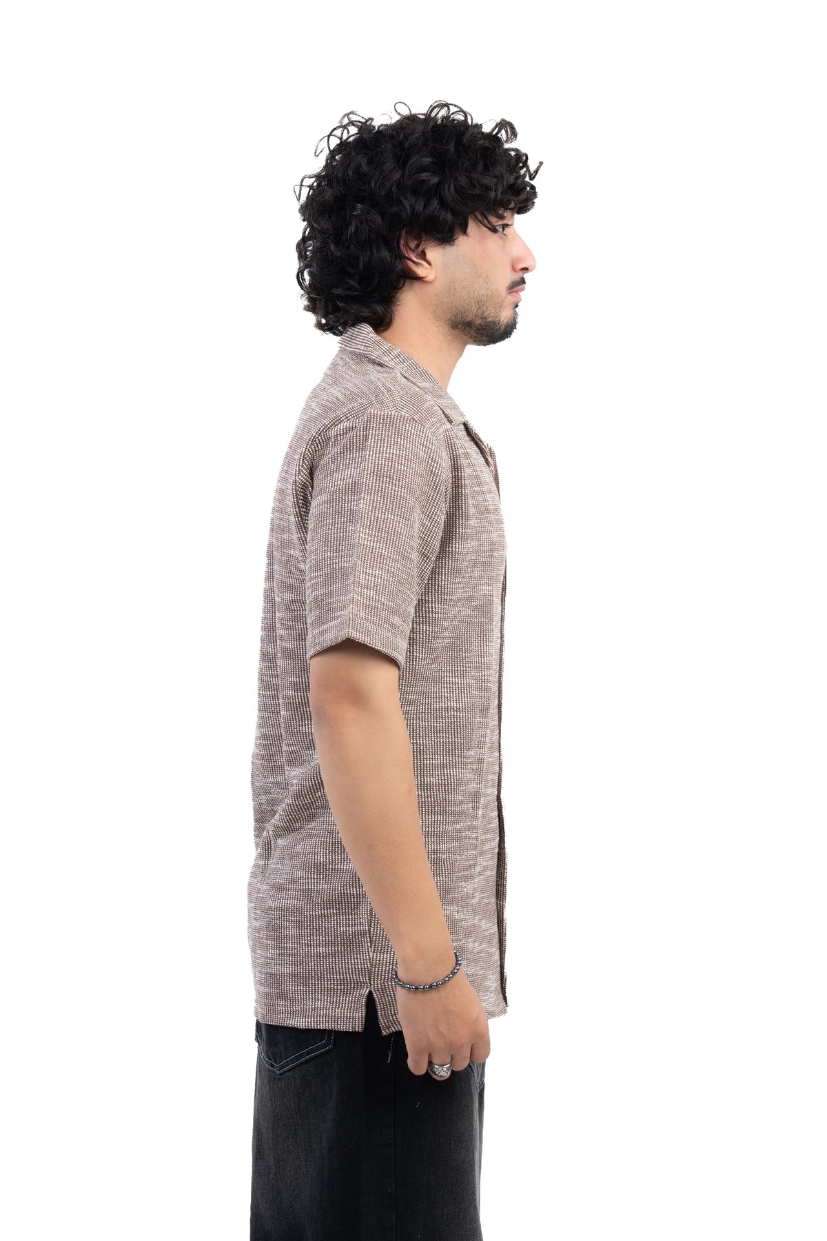 Textured Knit Half Sleeve Shirt Brown