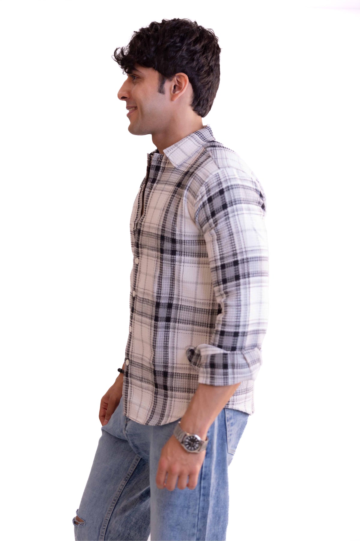 White Waffle Checks Regular Fit Full Sleeves Shirt