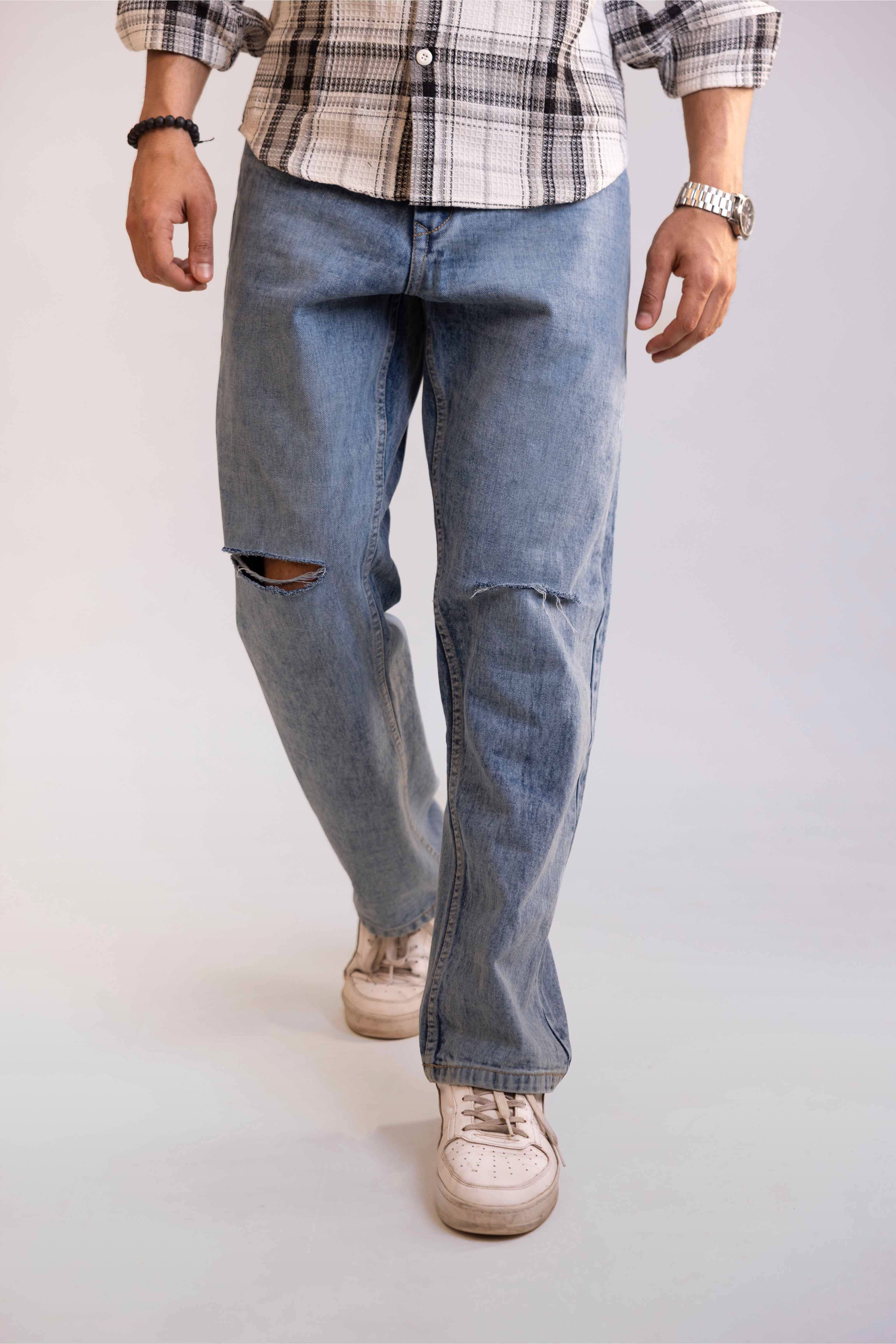 Blue Light Distressed Men's Wide Jeans