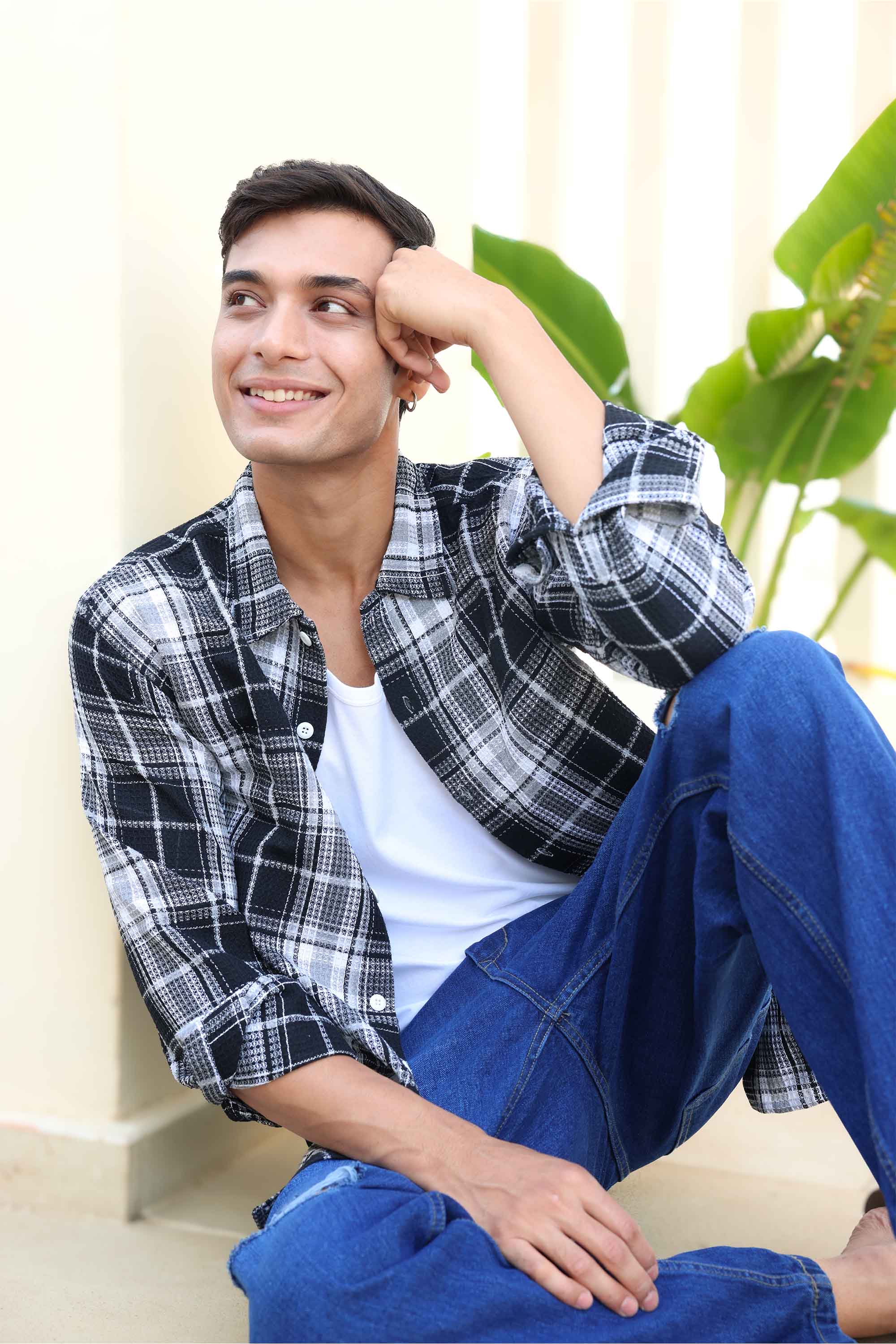 Black Waffle Checks Regular Fit Full Sleeves Shirt