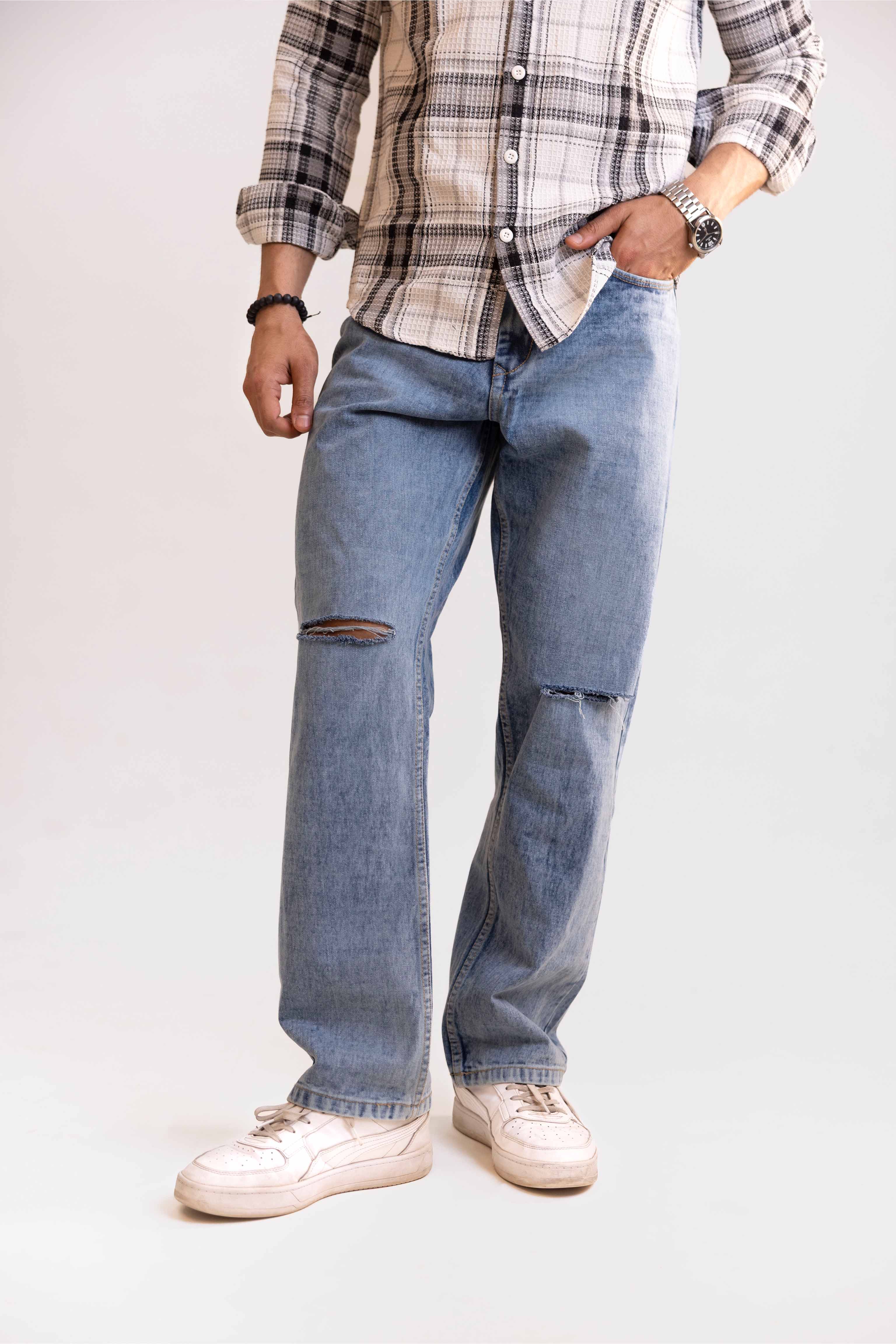 Blue Light Distressed Men's Wide Jeans