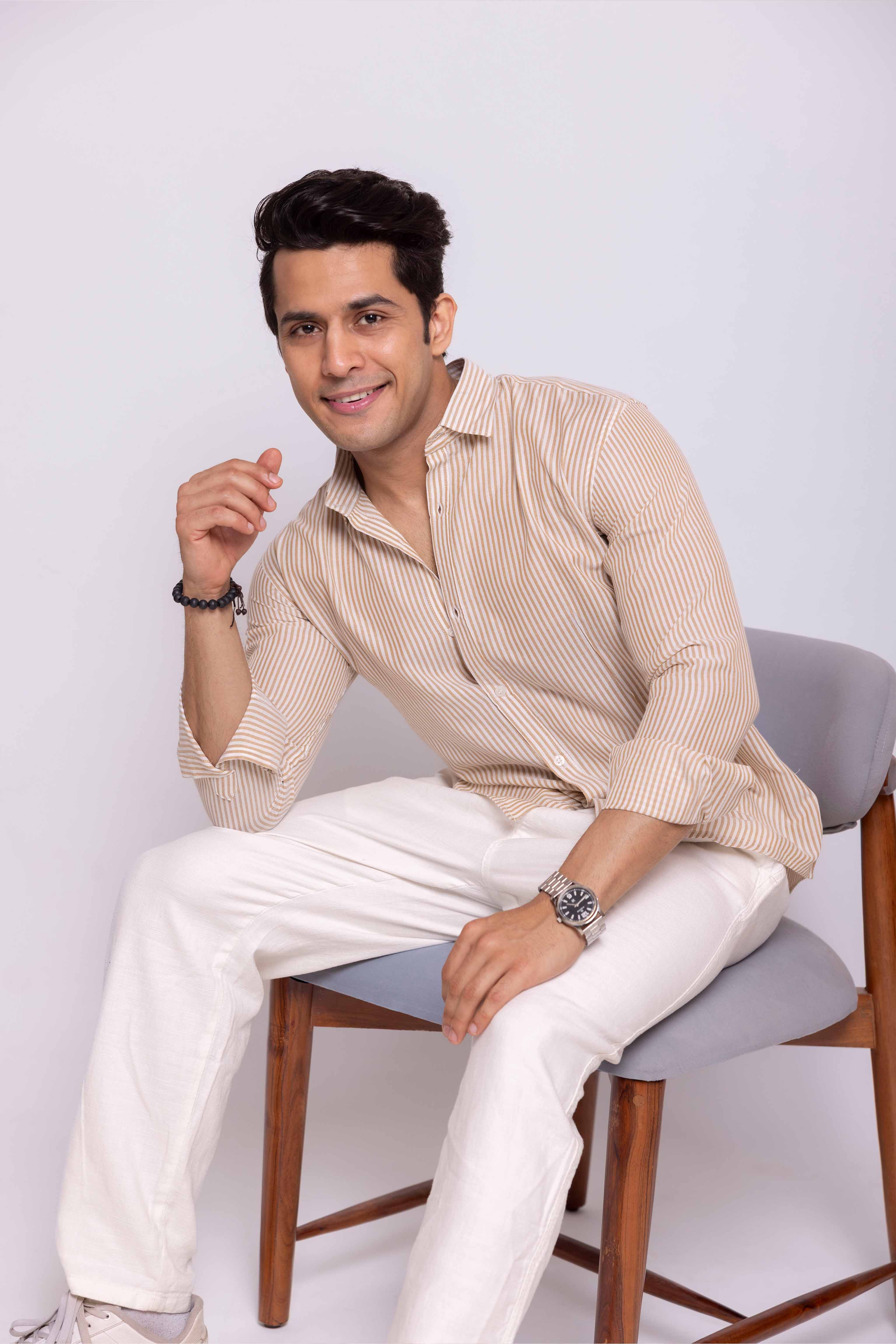 Brown and White Regular fit Striped Full Sleeves Shirt