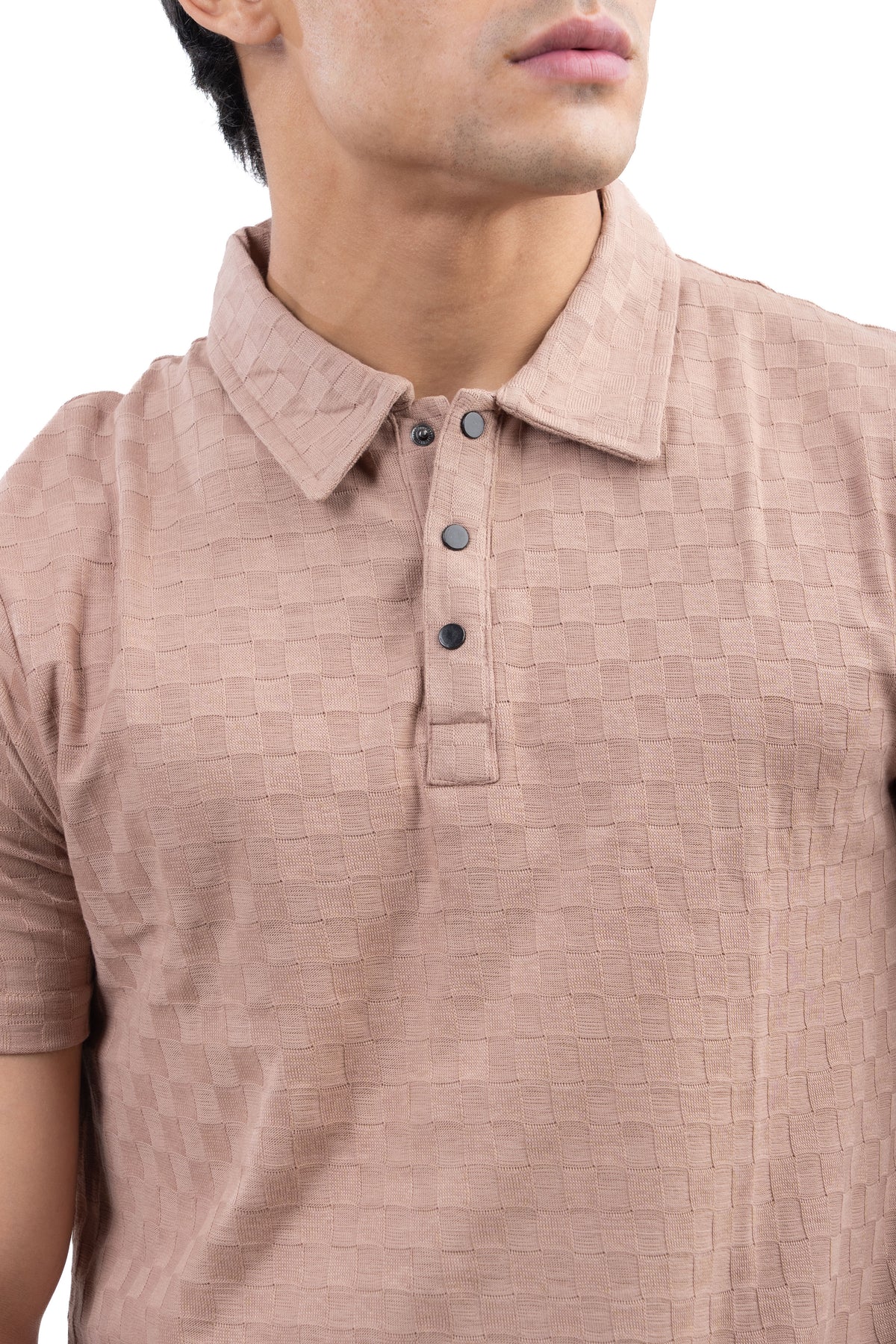 Muted Mocha Textured Check Polo T-Shirt