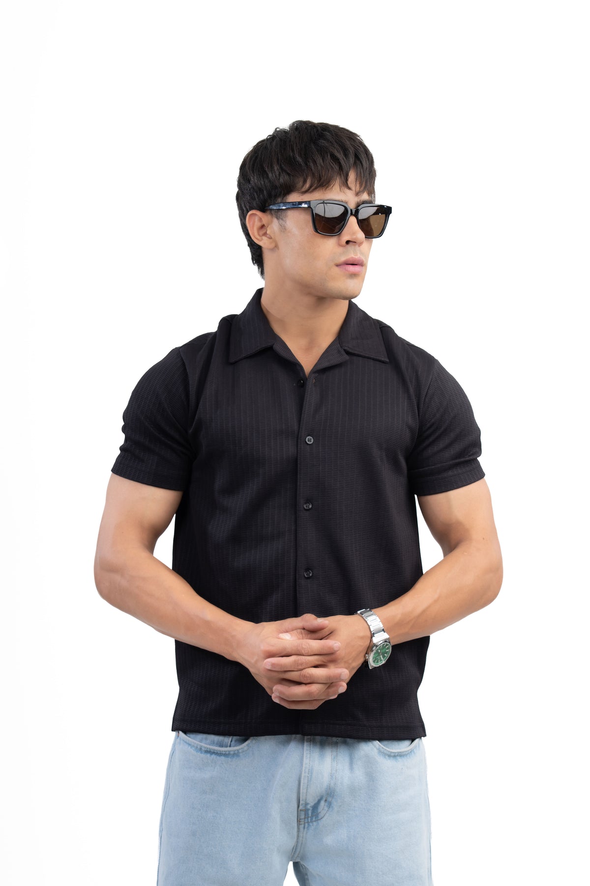 Black Textured Cuban Collar Half Sleeve Shirt