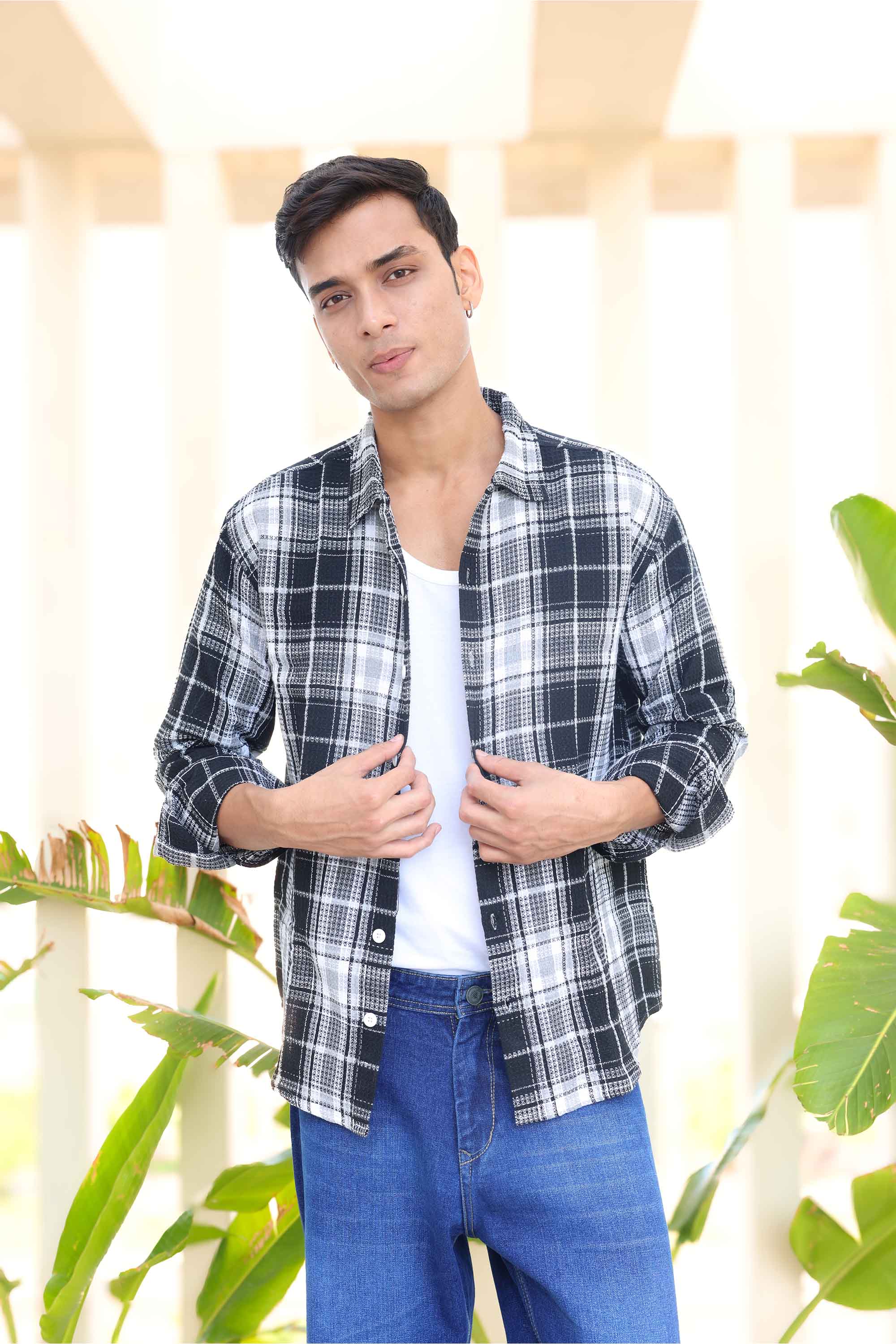 Black Waffle Checks Regular Fit Full Sleeves Shirt