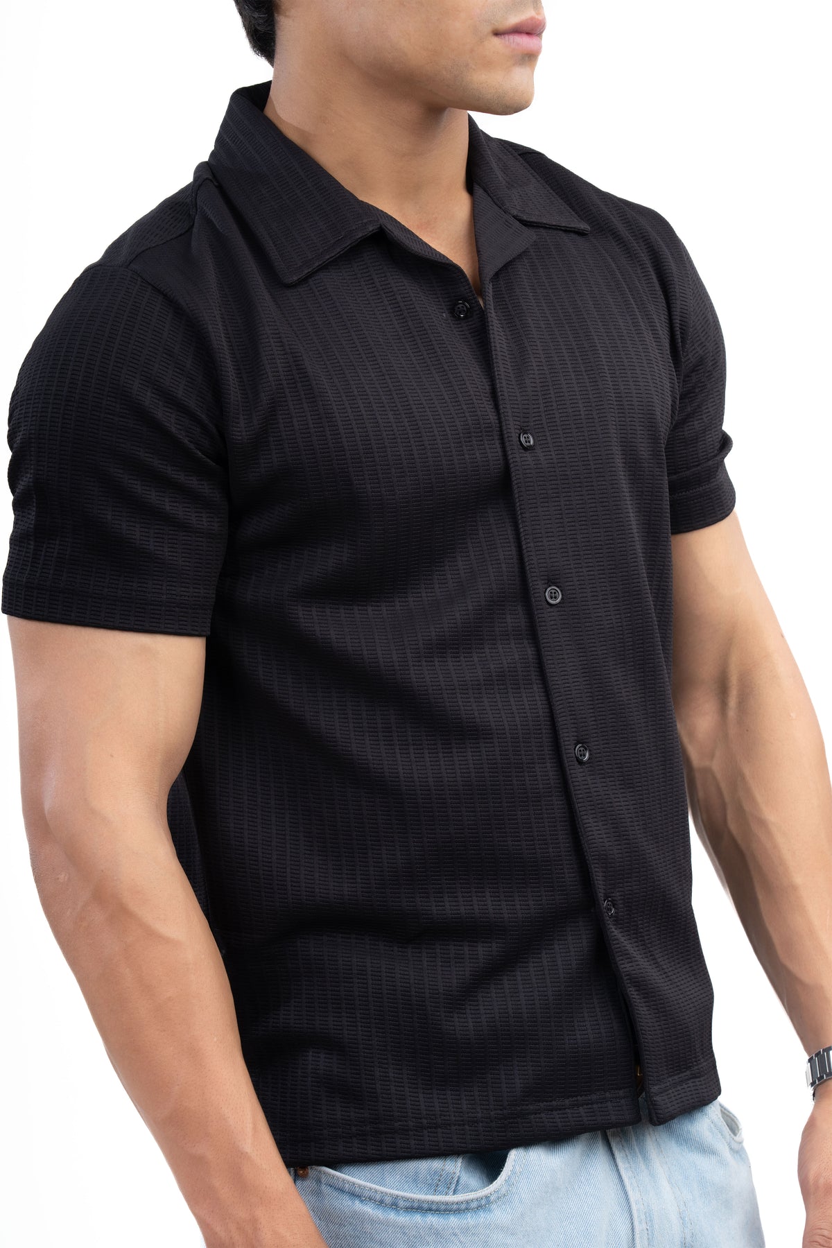 Black Textured Cuban Collar Half Sleeve Shirt
