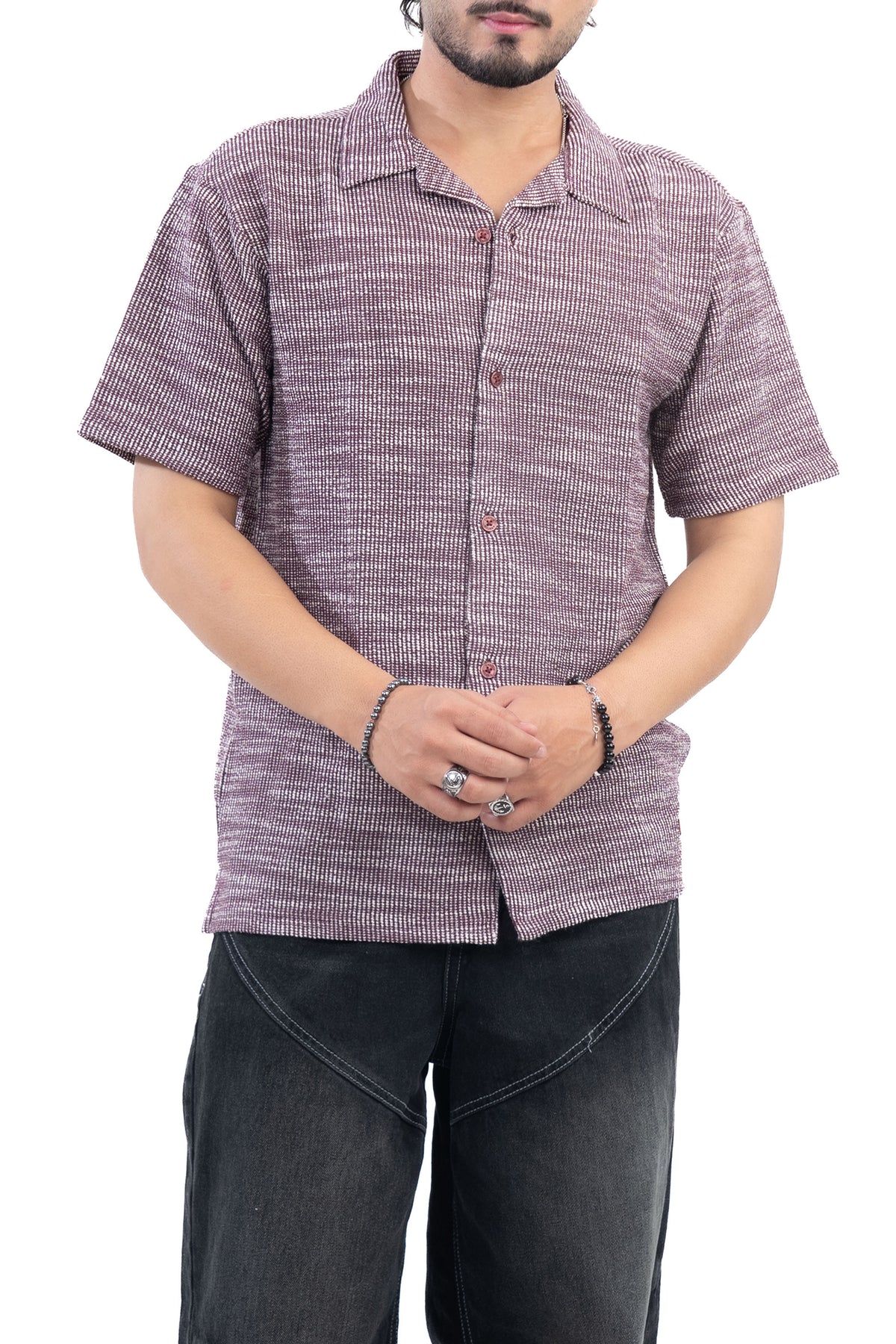 Textured Knit Half Sleeve Shirt Maroon