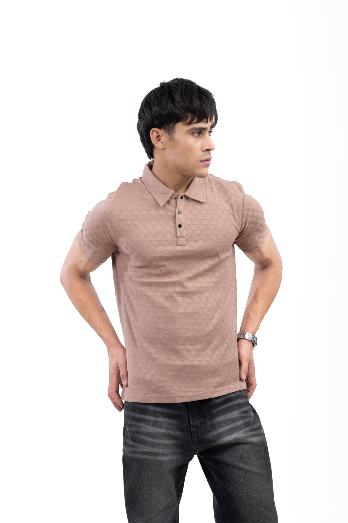 Muted Mocha Textured Check Polo T-Shirt