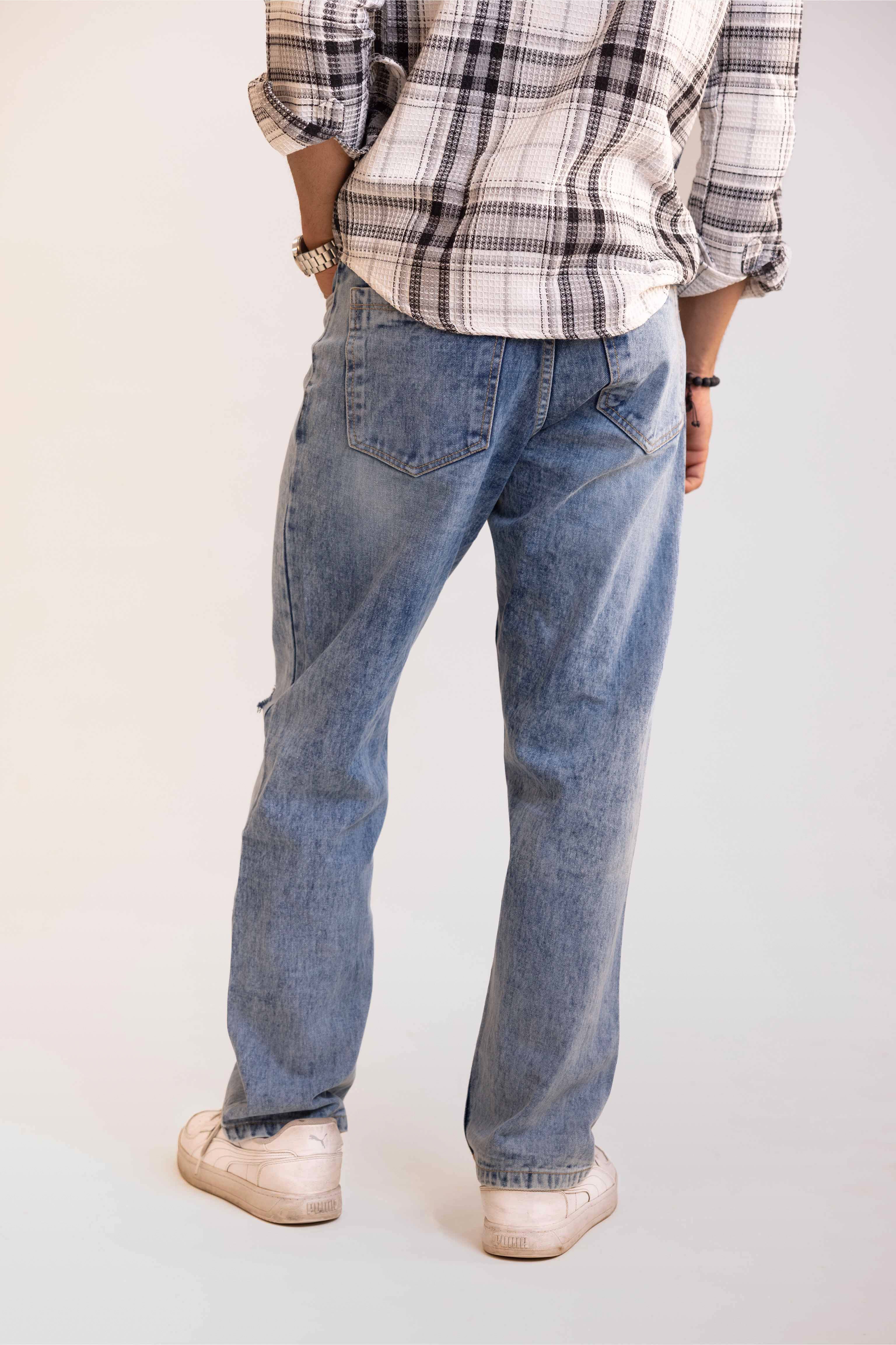 Blue Light Distressed Men's Wide Jeans