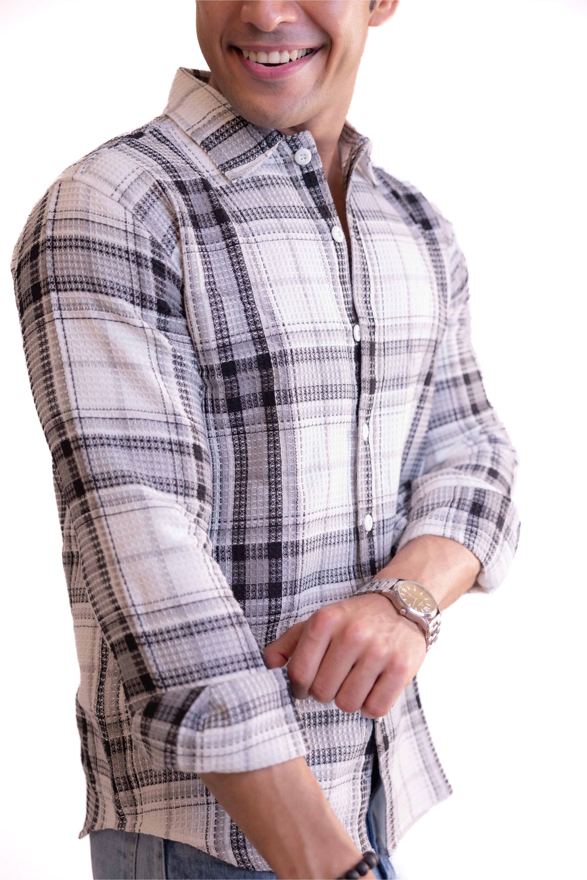 White Waffle Checks Regular Fit Full Sleeves Shirt
