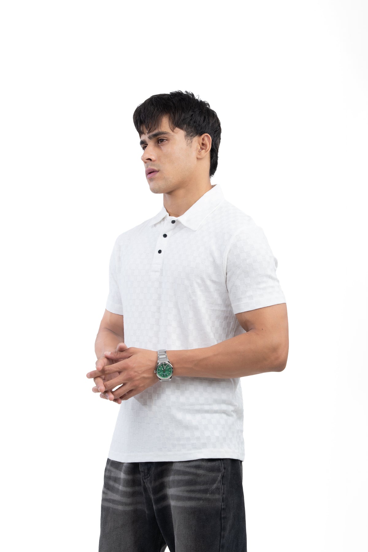 White Textured Check Polo T-Shirt