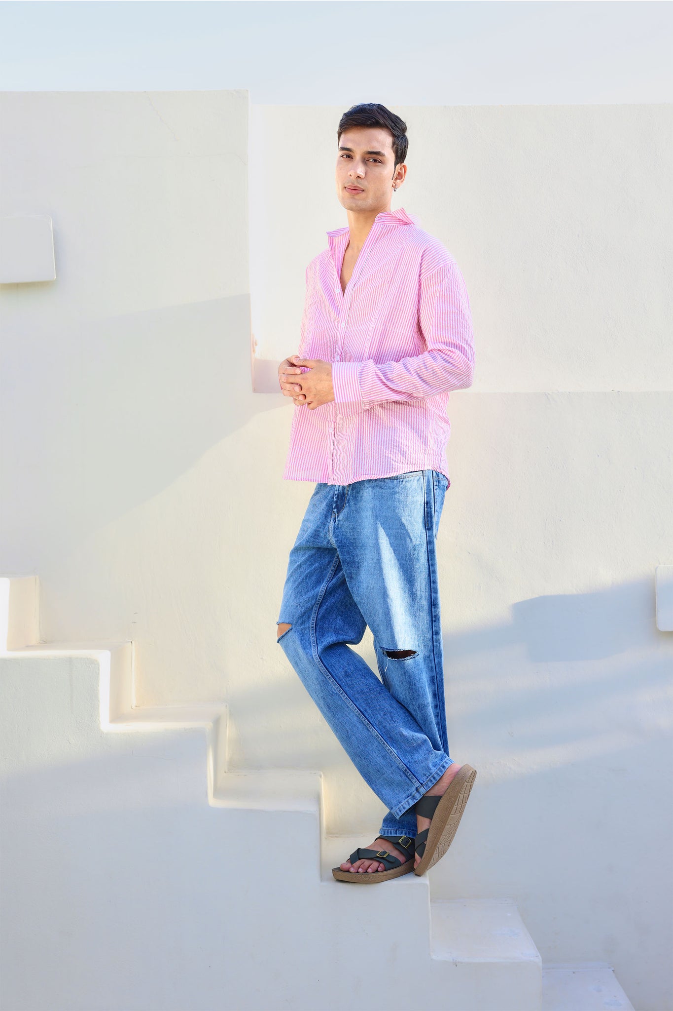 Pink and White Regular fit Striped Full Sleeves Shirt