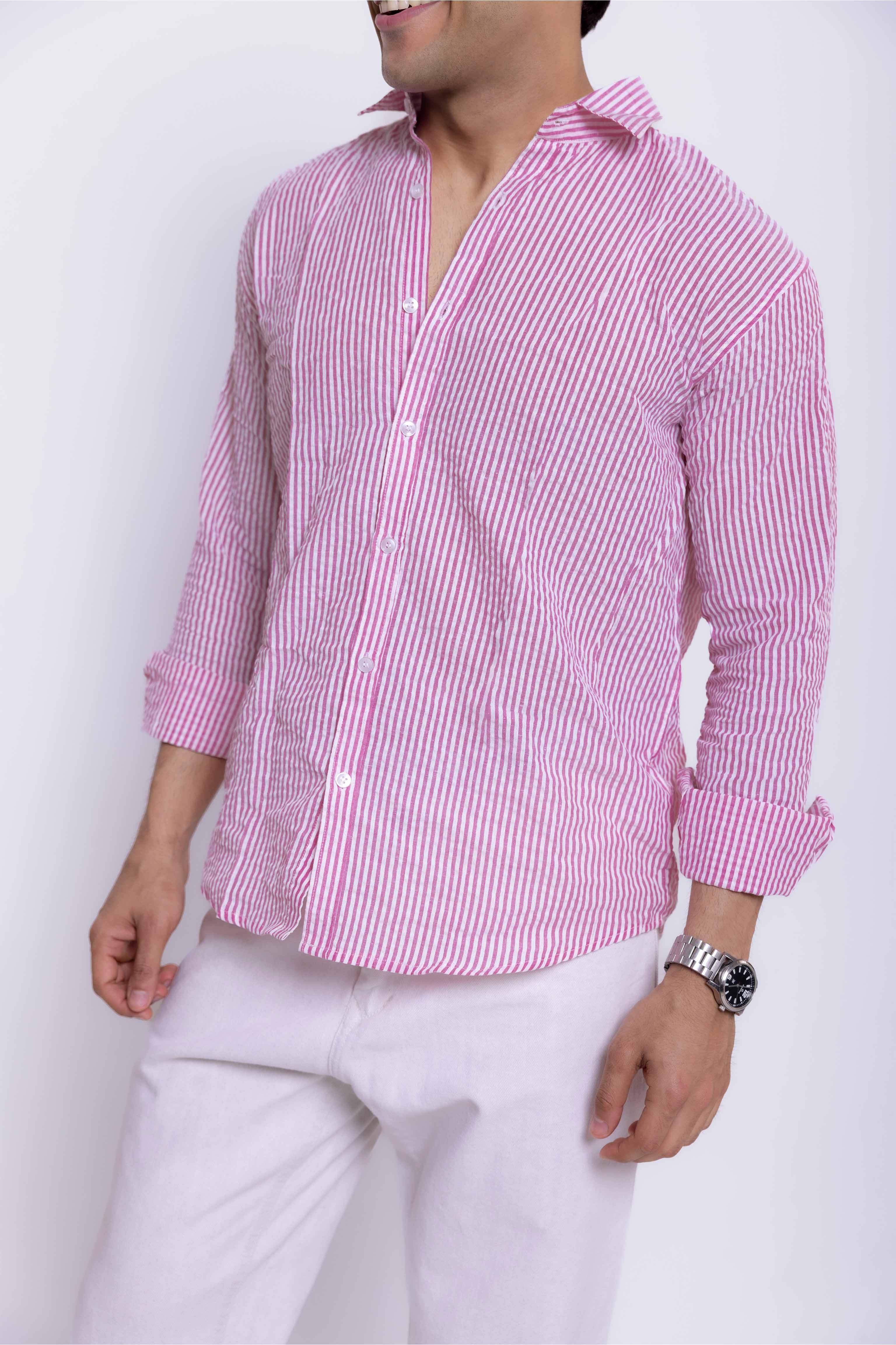 Pink and White Regular fit Striped Full Sleeves Shirt