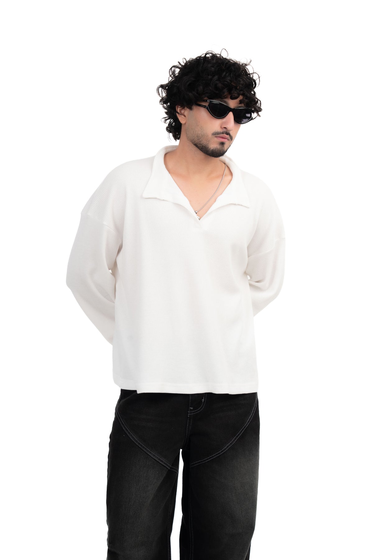 White Oversized Waffle Polo Tee