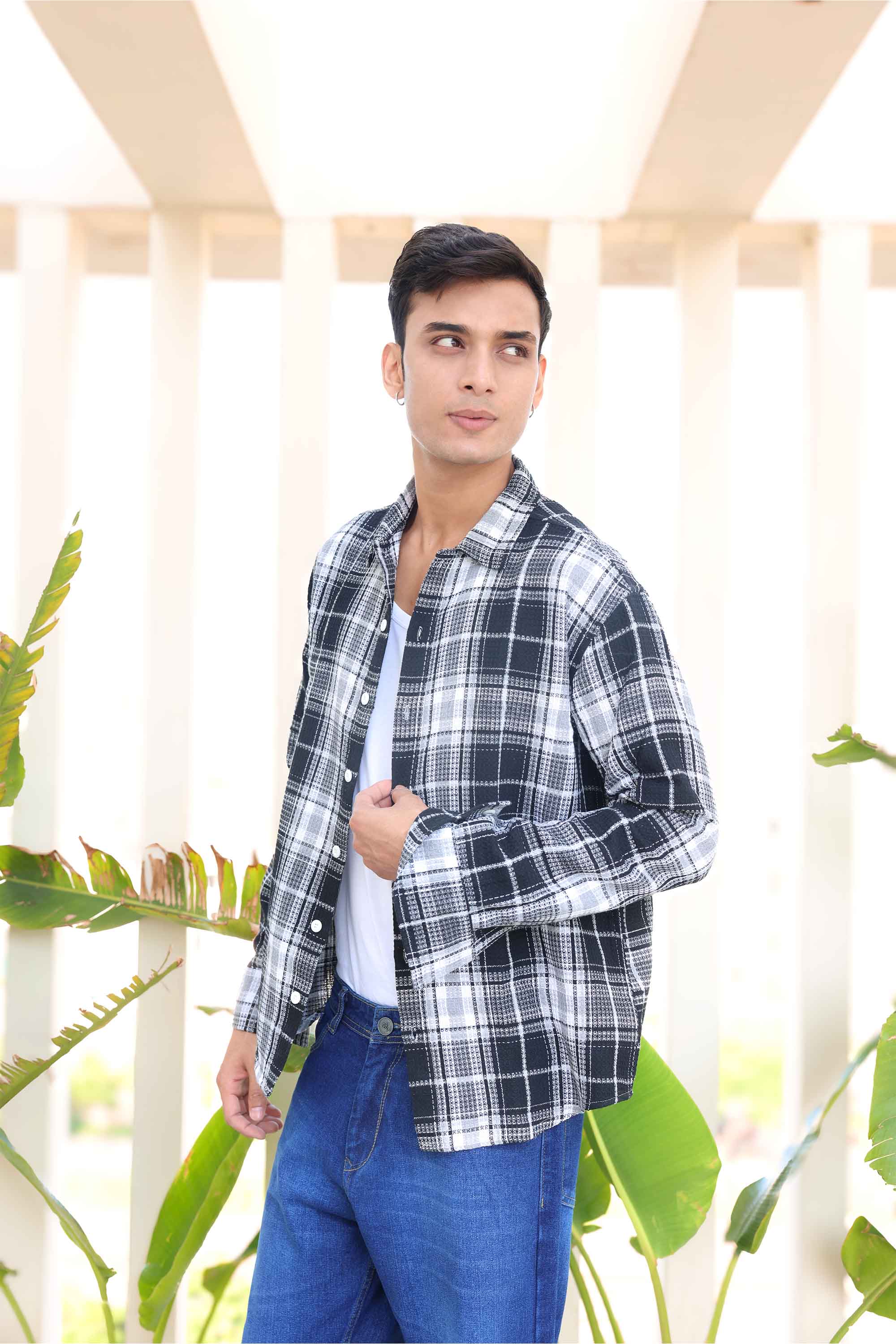 Black Waffle Checks Regular Fit Full Sleeves Shirt