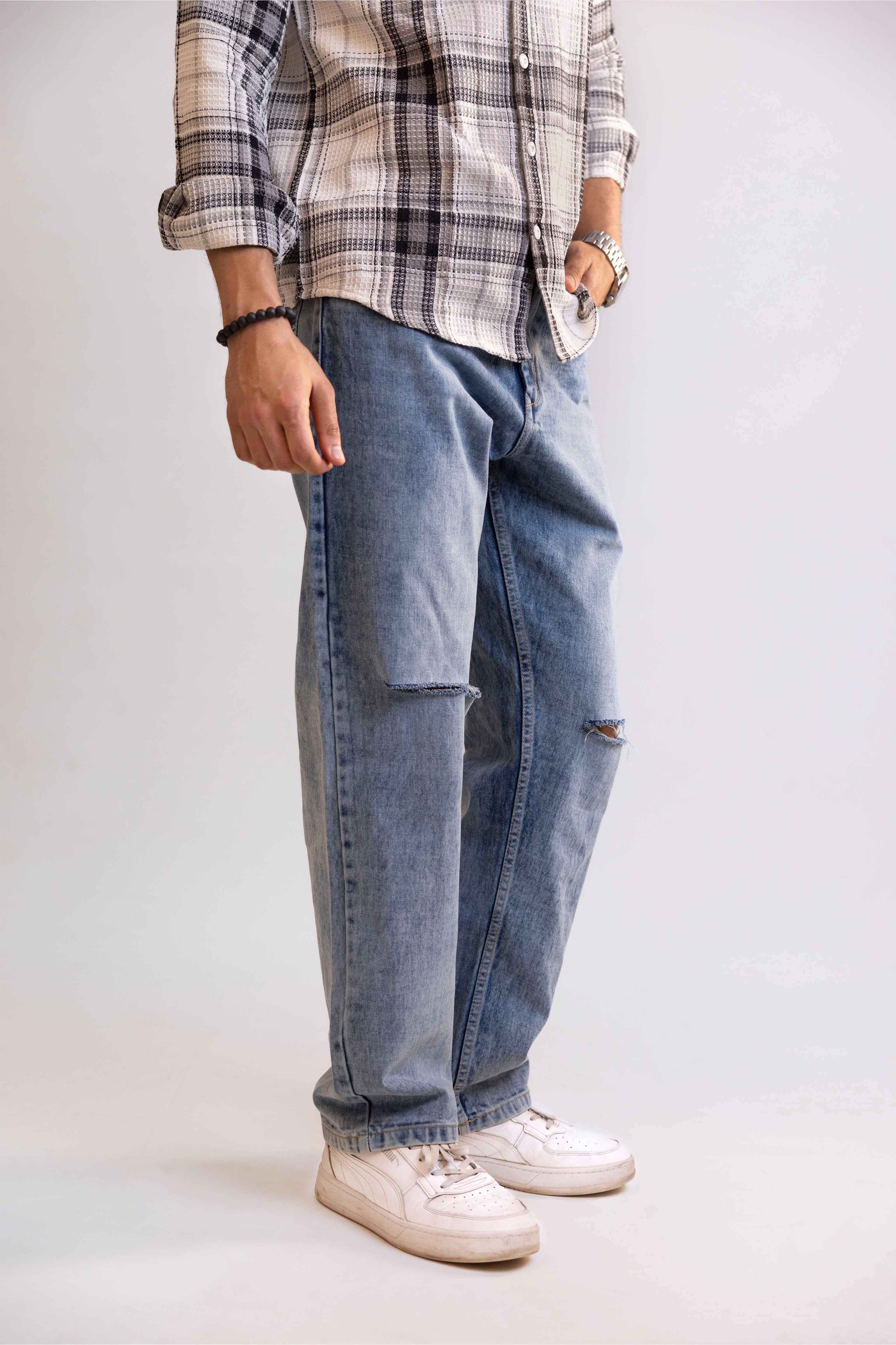 Blue Light Distressed Men's Wide Jeans