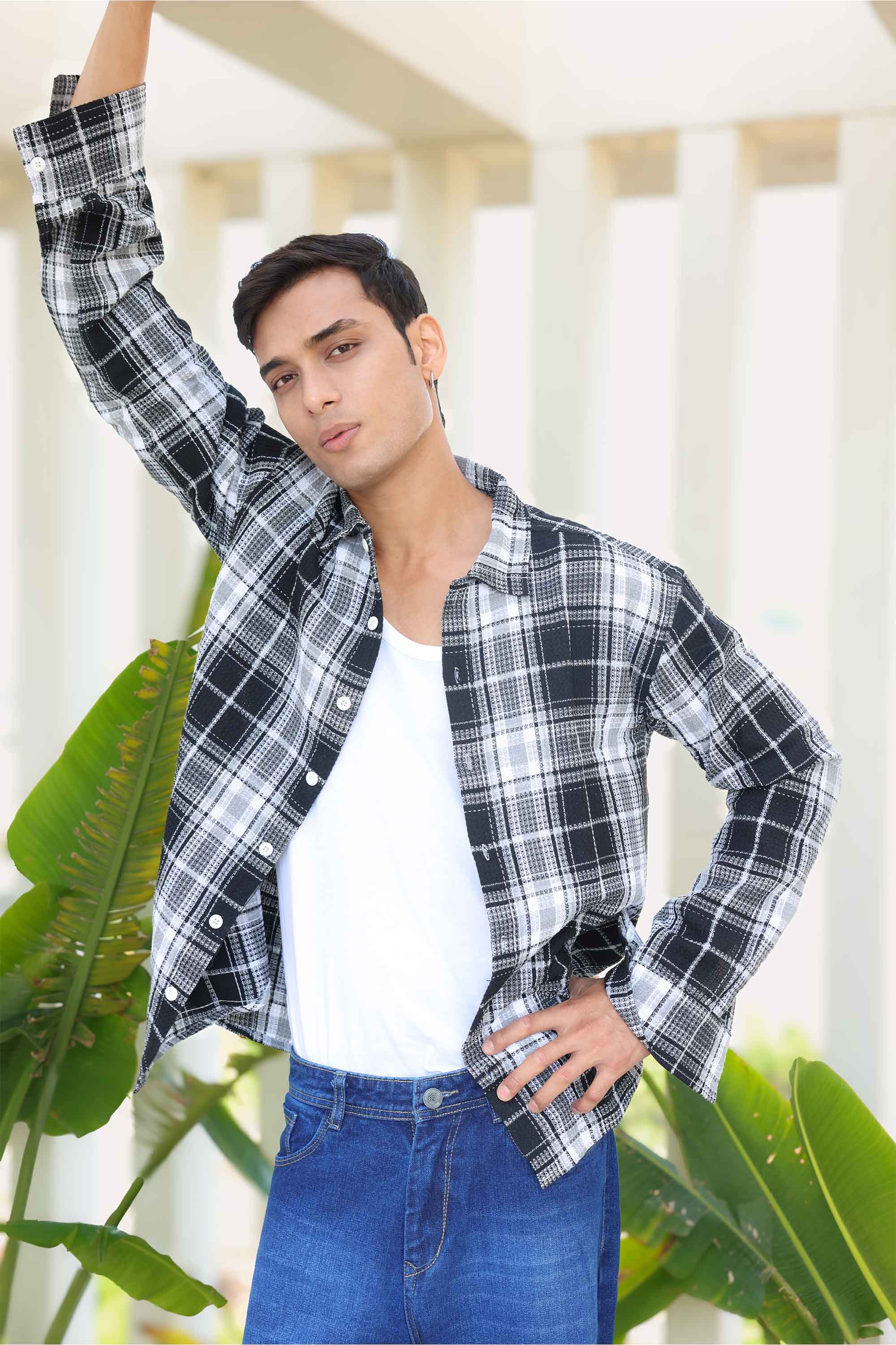 Black Waffle Checks Regular Fit Full Sleeves Shirt