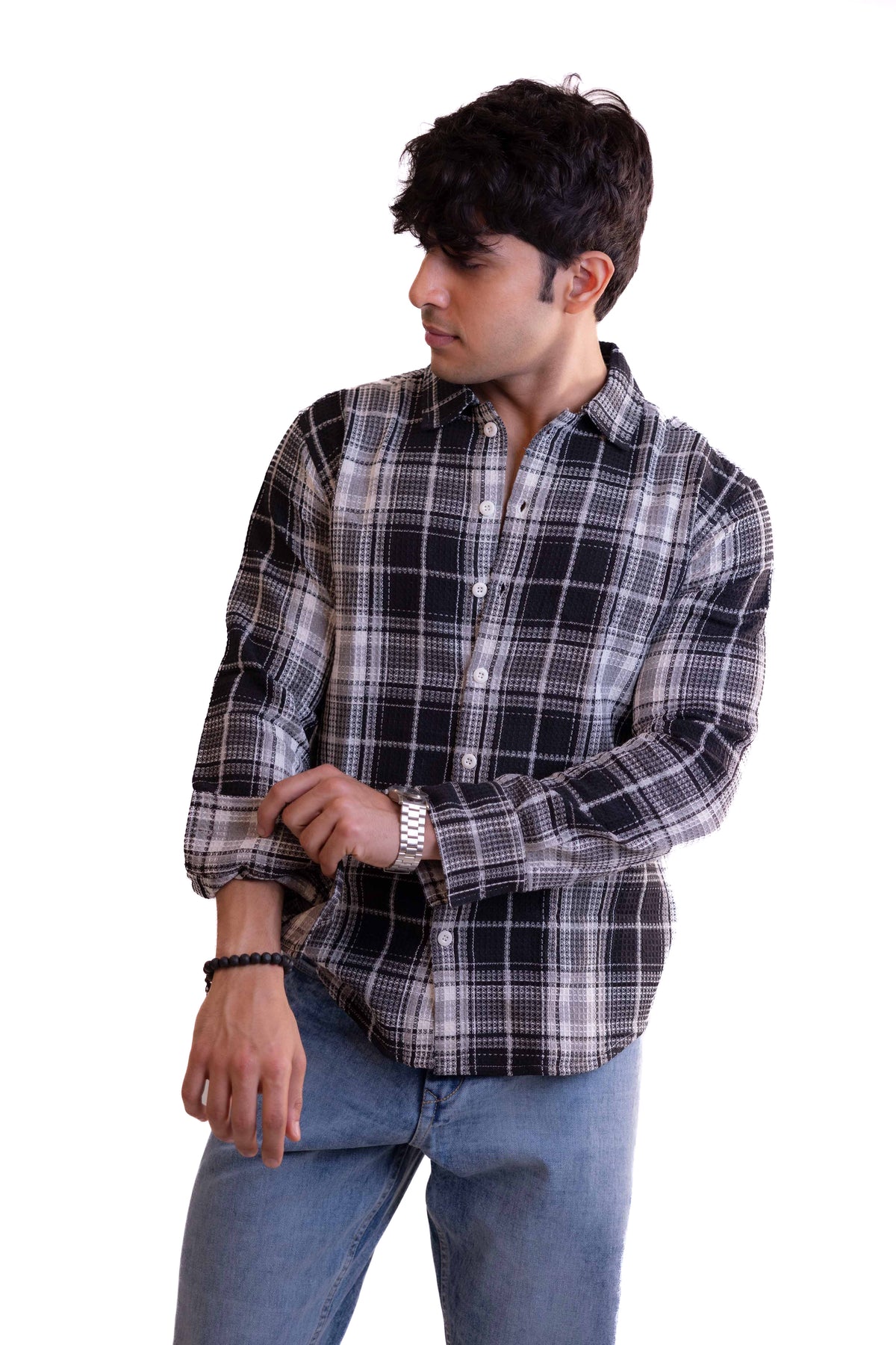 Black Waffle Checks Regular Fit Full Sleeves Shirt