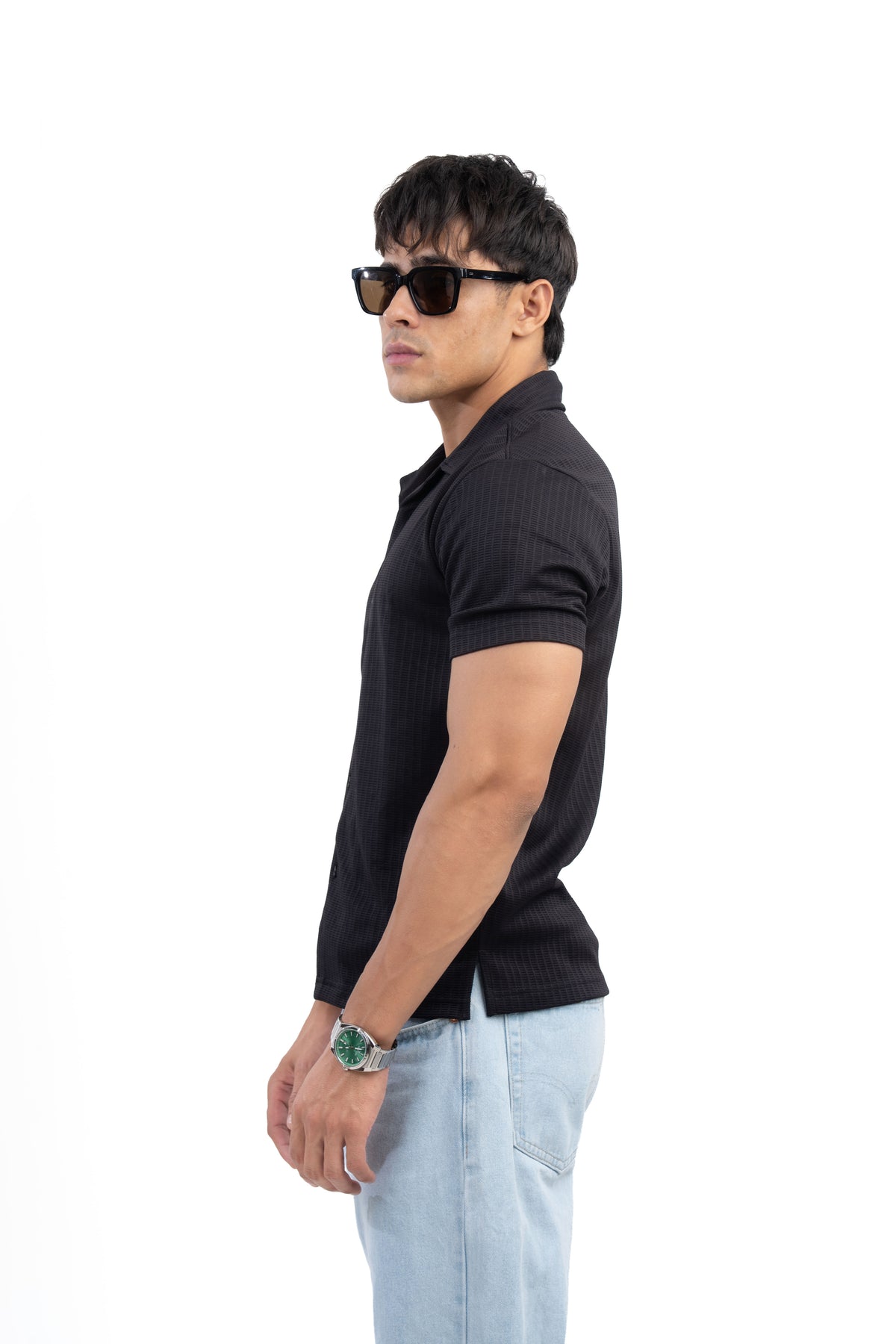 Black Textured Cuban Collar Half Sleeve Shirt