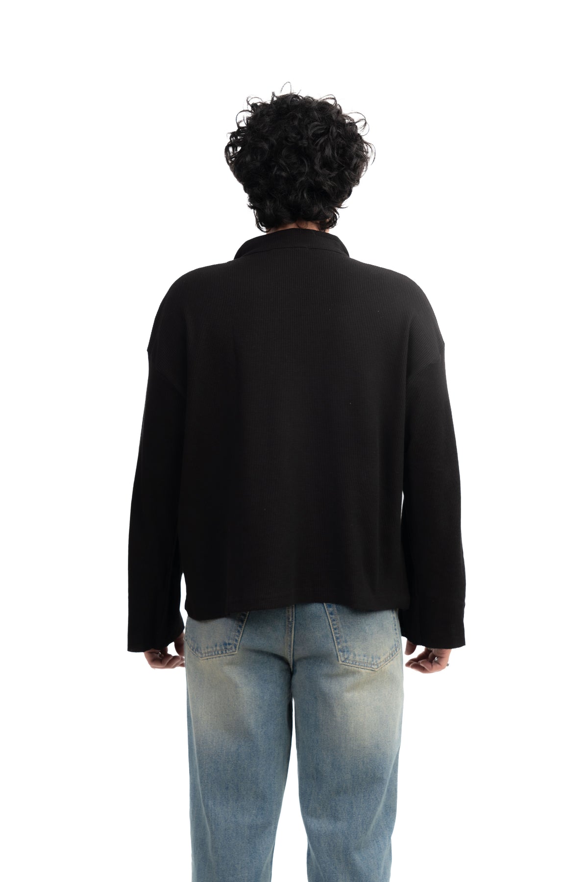 Black Oversized Waffle Polo Tee