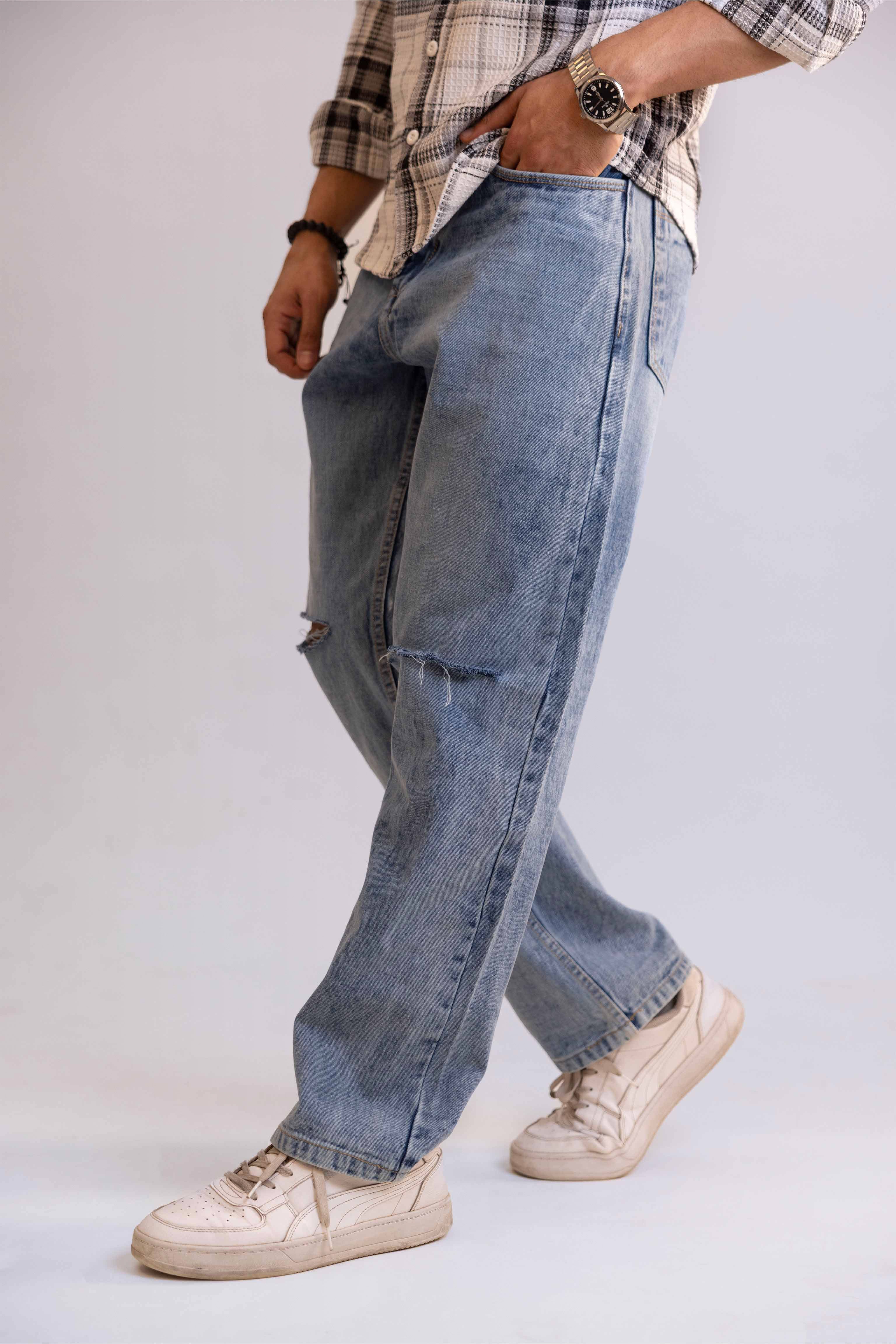 Blue Light Distressed Men's Wide Jeans