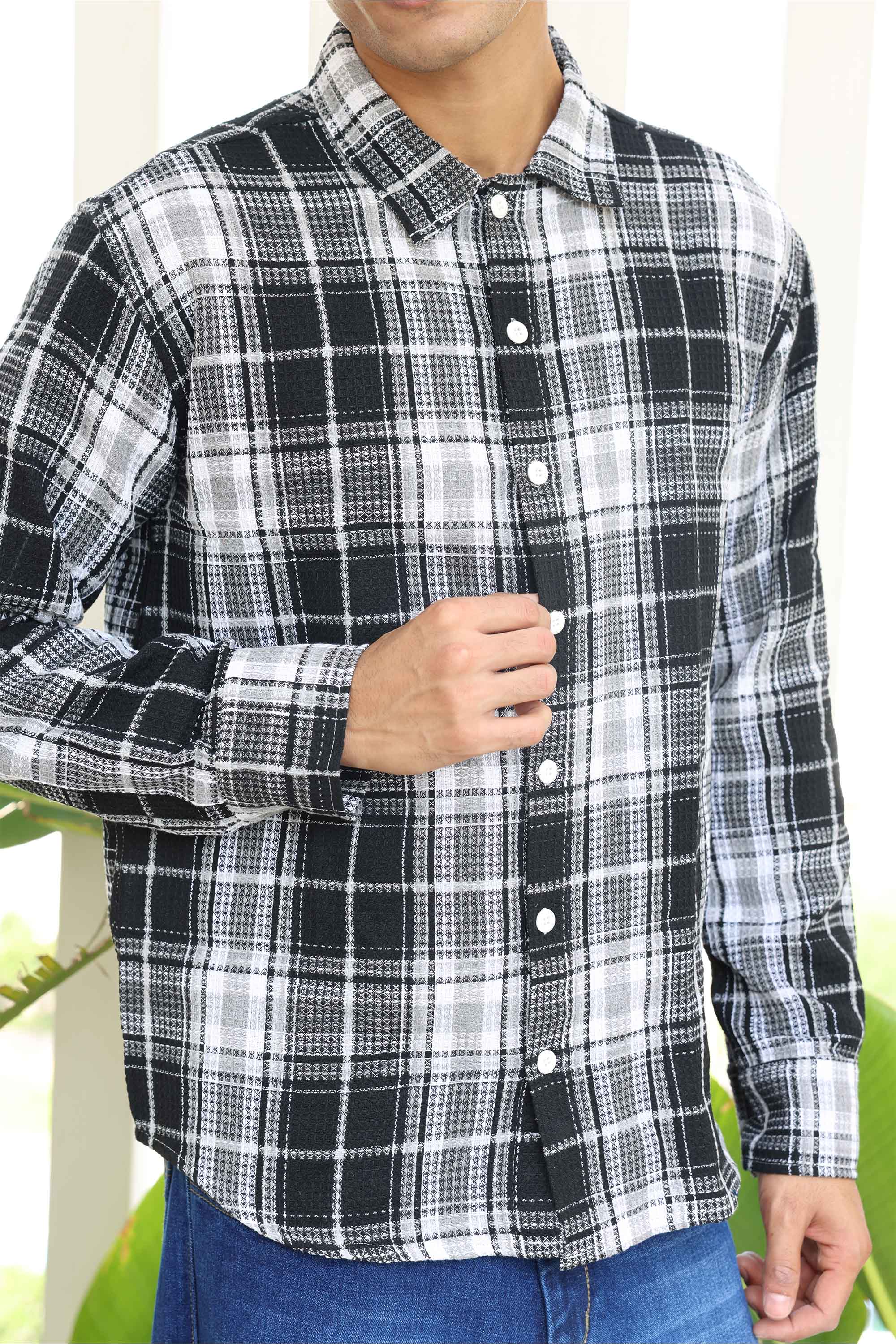 Black Waffle Checks Regular Fit Full Sleeves Shirt