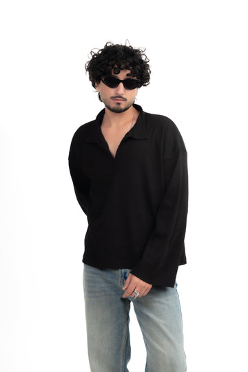 Black Oversized Waffle Polo Tee