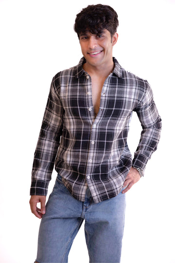 Black Waffle Checks Regular Fit Full Sleeves Shirt