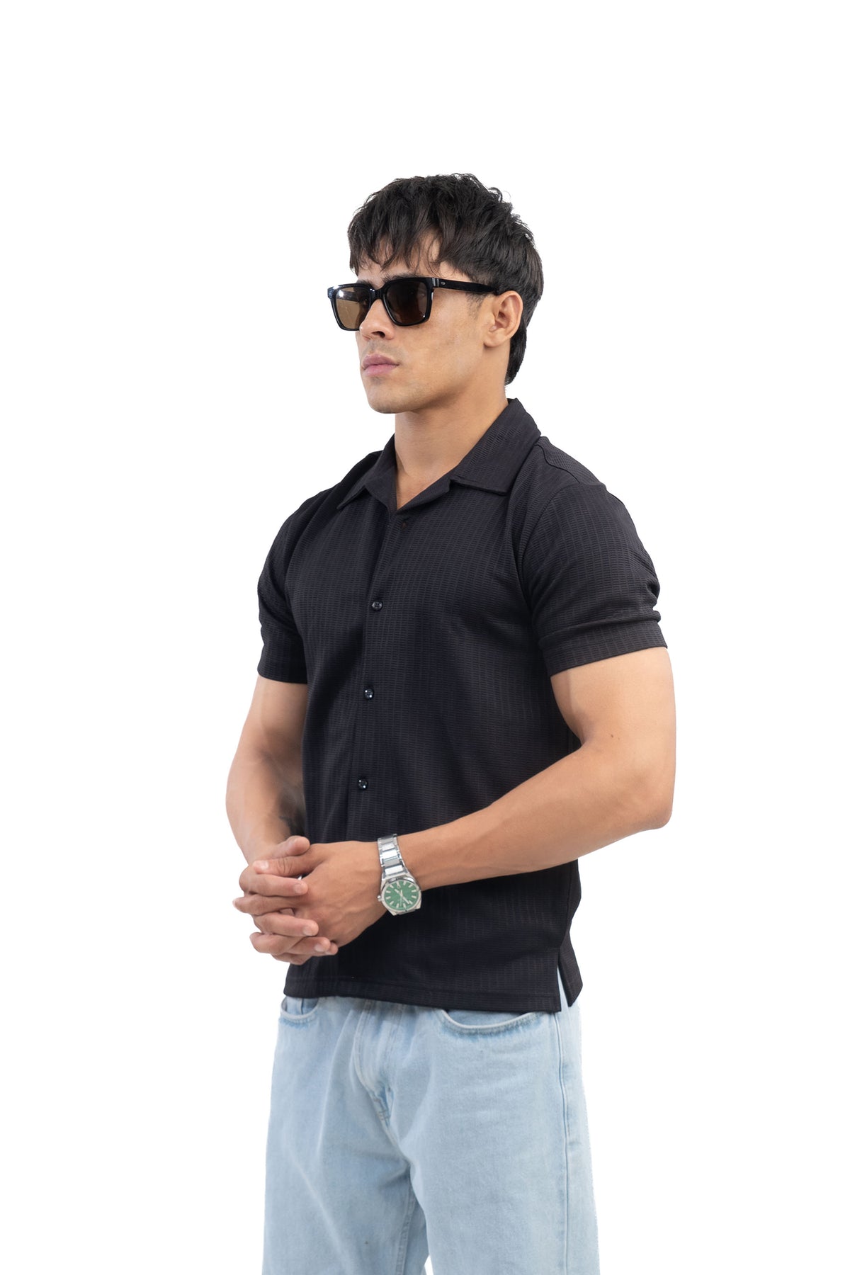 Black Textured Cuban Collar Half Sleeve Shirt