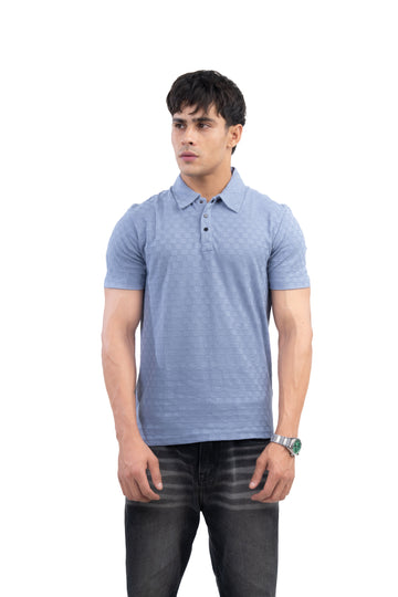 Dusty Blue Textured Check Polo T-Shirt
