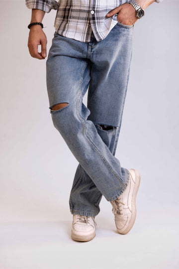 Blue Light Distressed Men's Wide Jeans