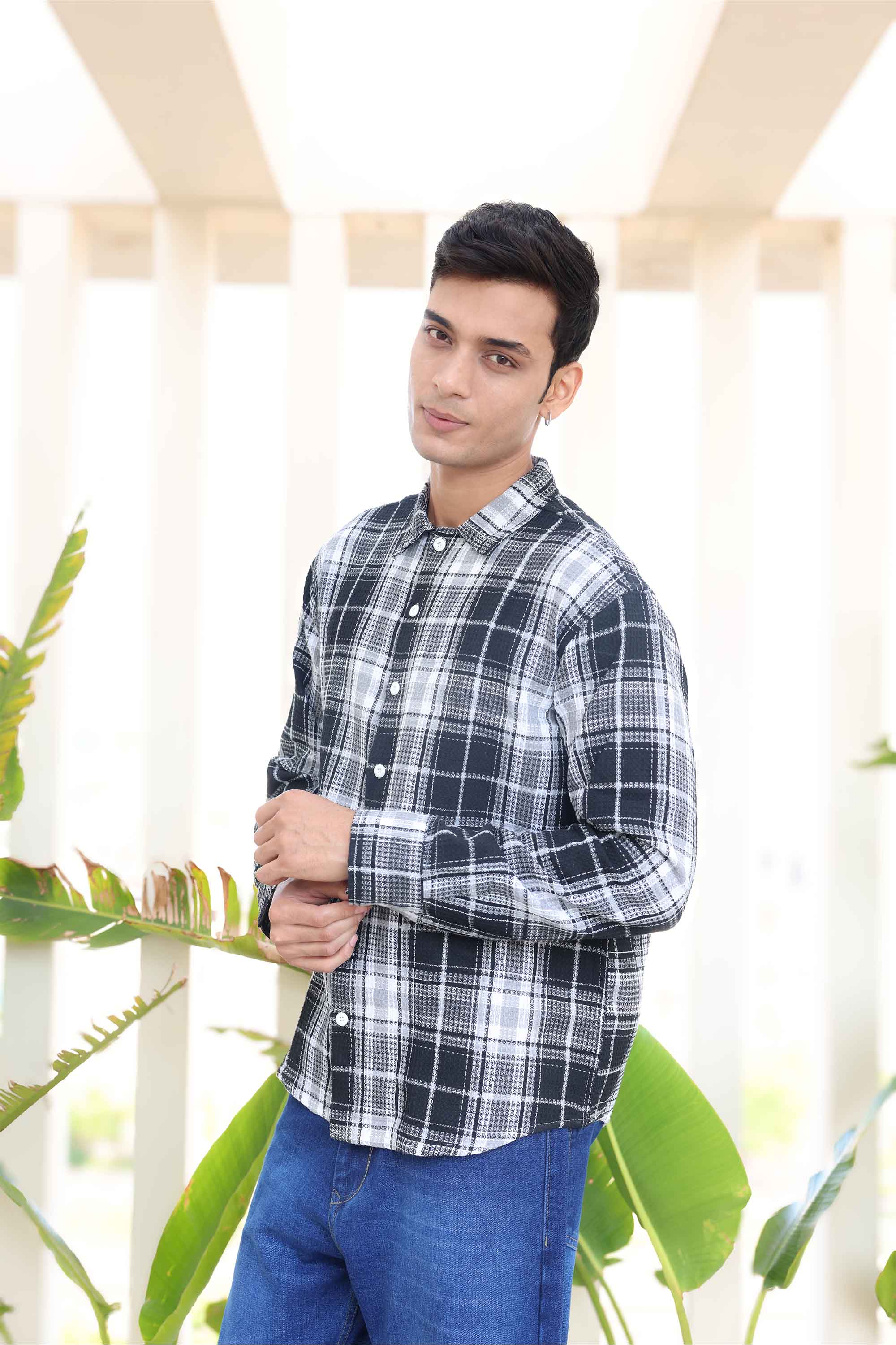 Black Waffle Checks Regular Fit Full Sleeves Shirt